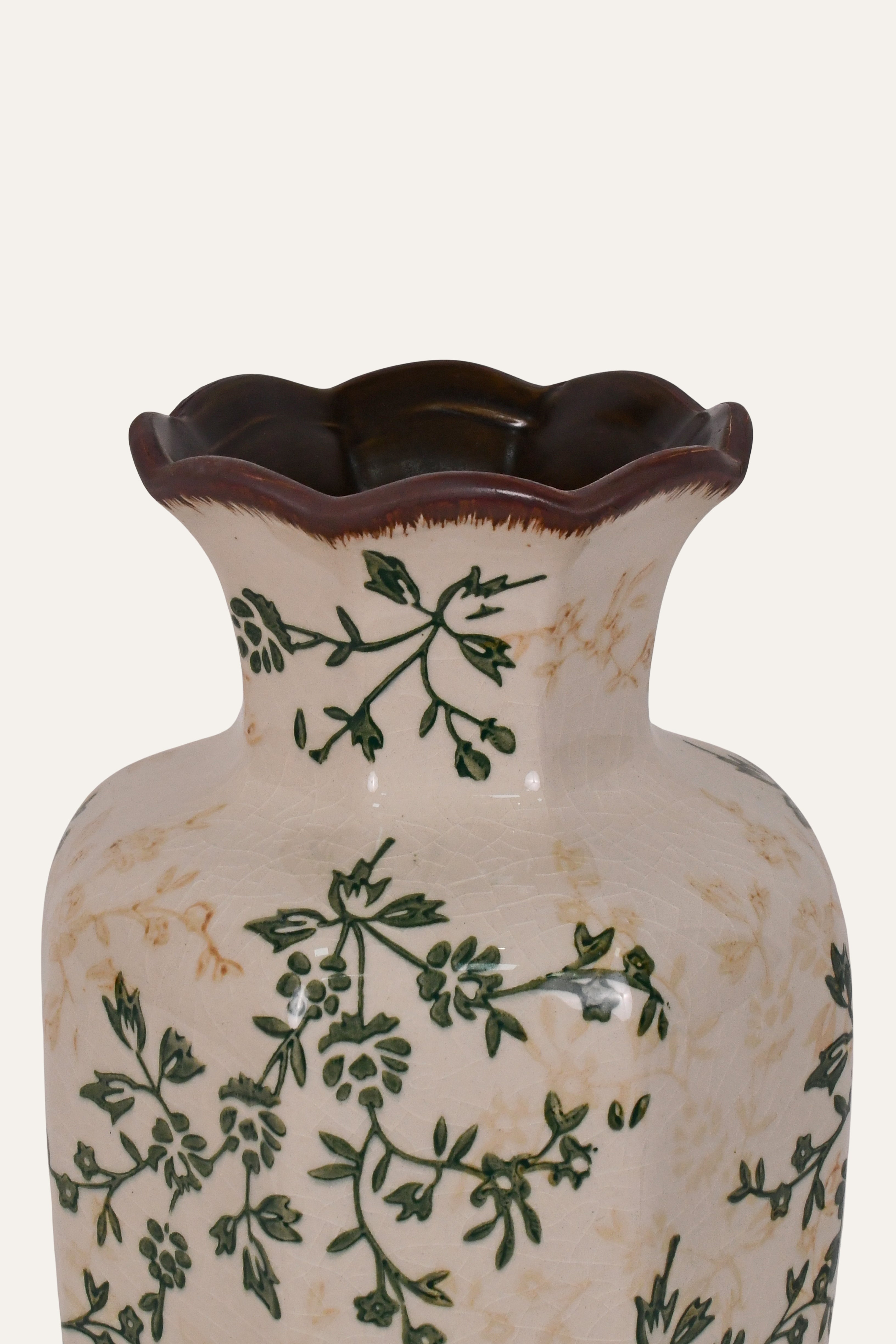 Hand Painted Floral Ceramic Vase with Scalloped Rim