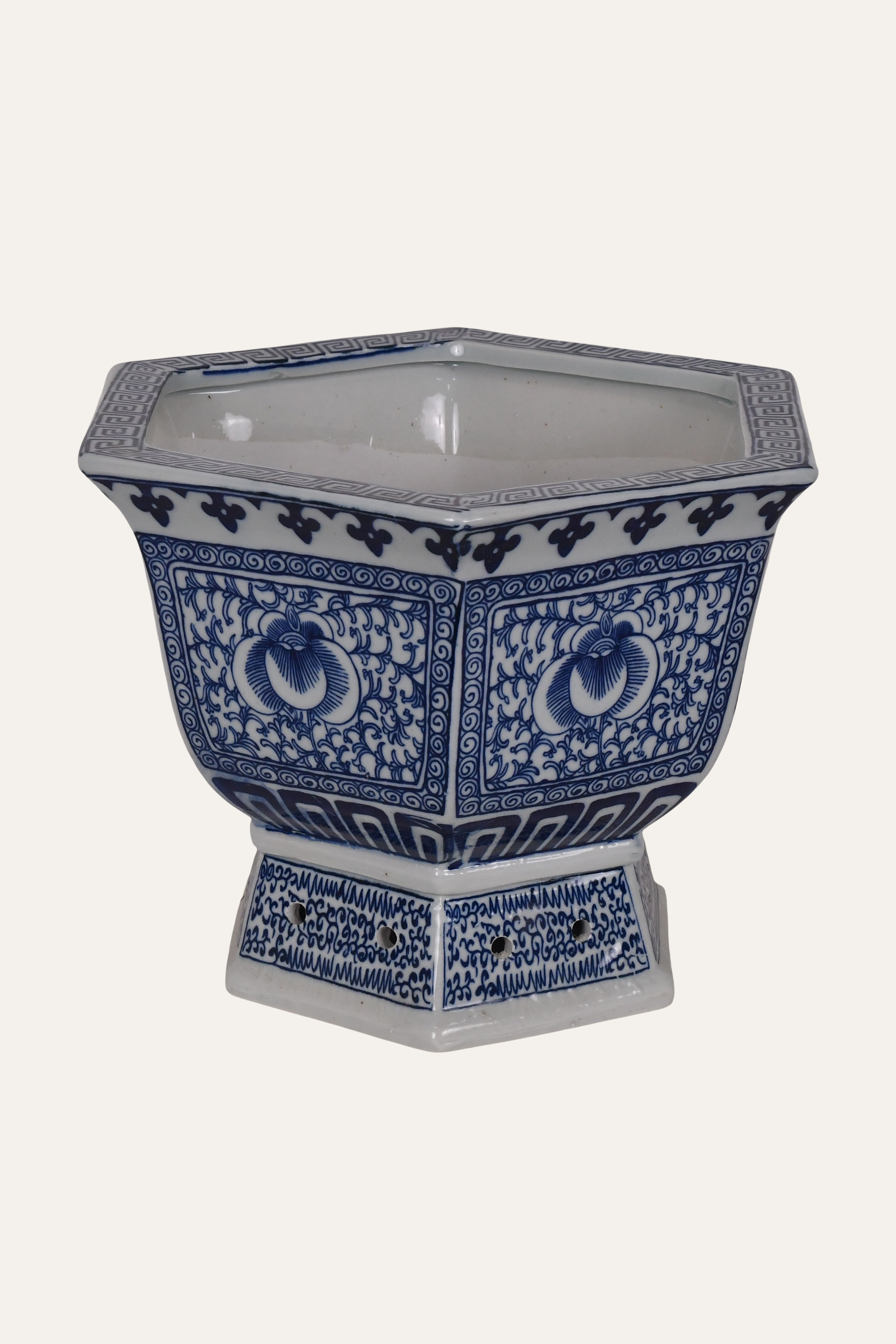 Blue & White Hexagonal Porcelain Chinoiserie Planter - Small
