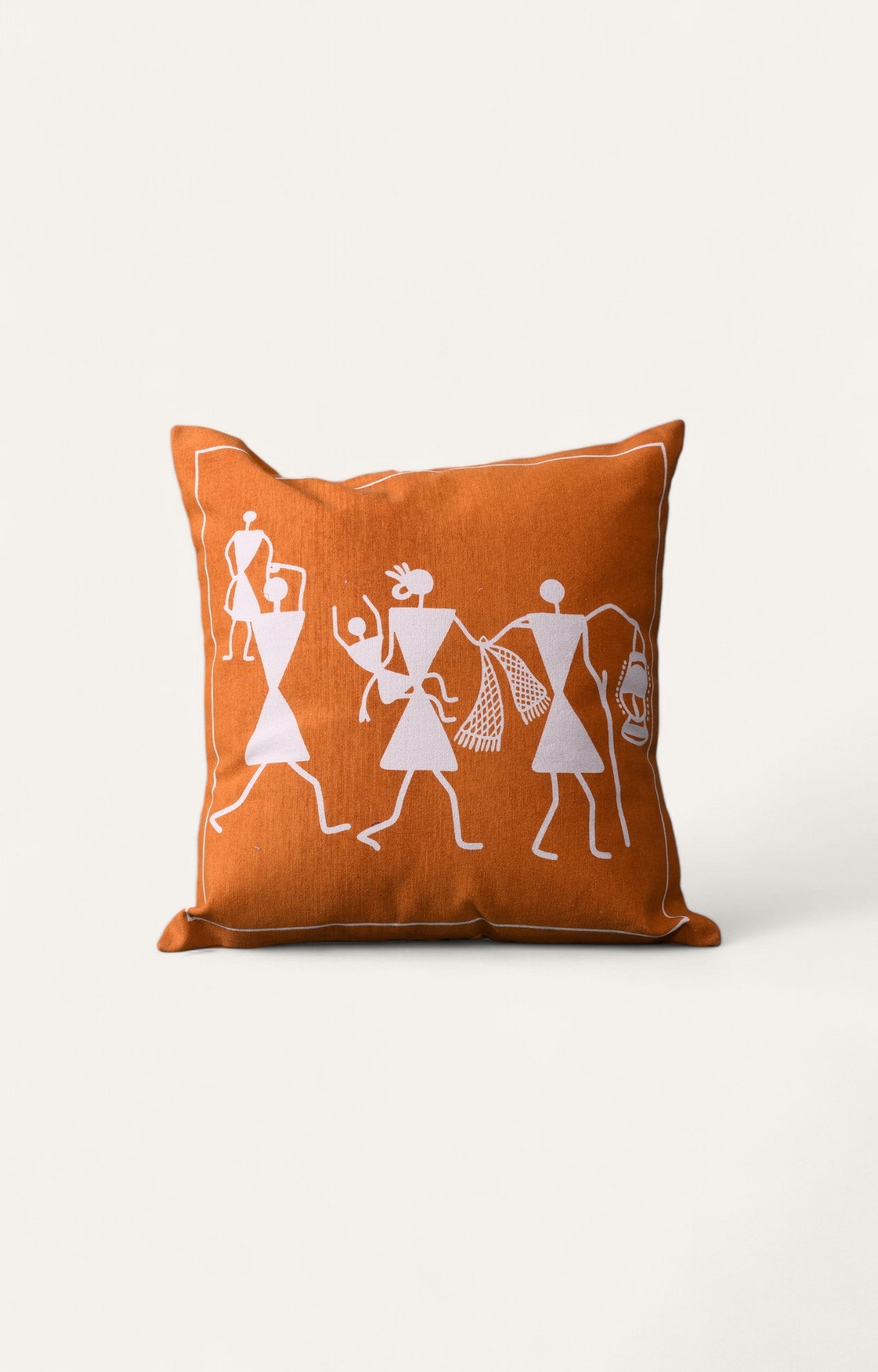 Warli Print Orange Cotton Linen Cushion