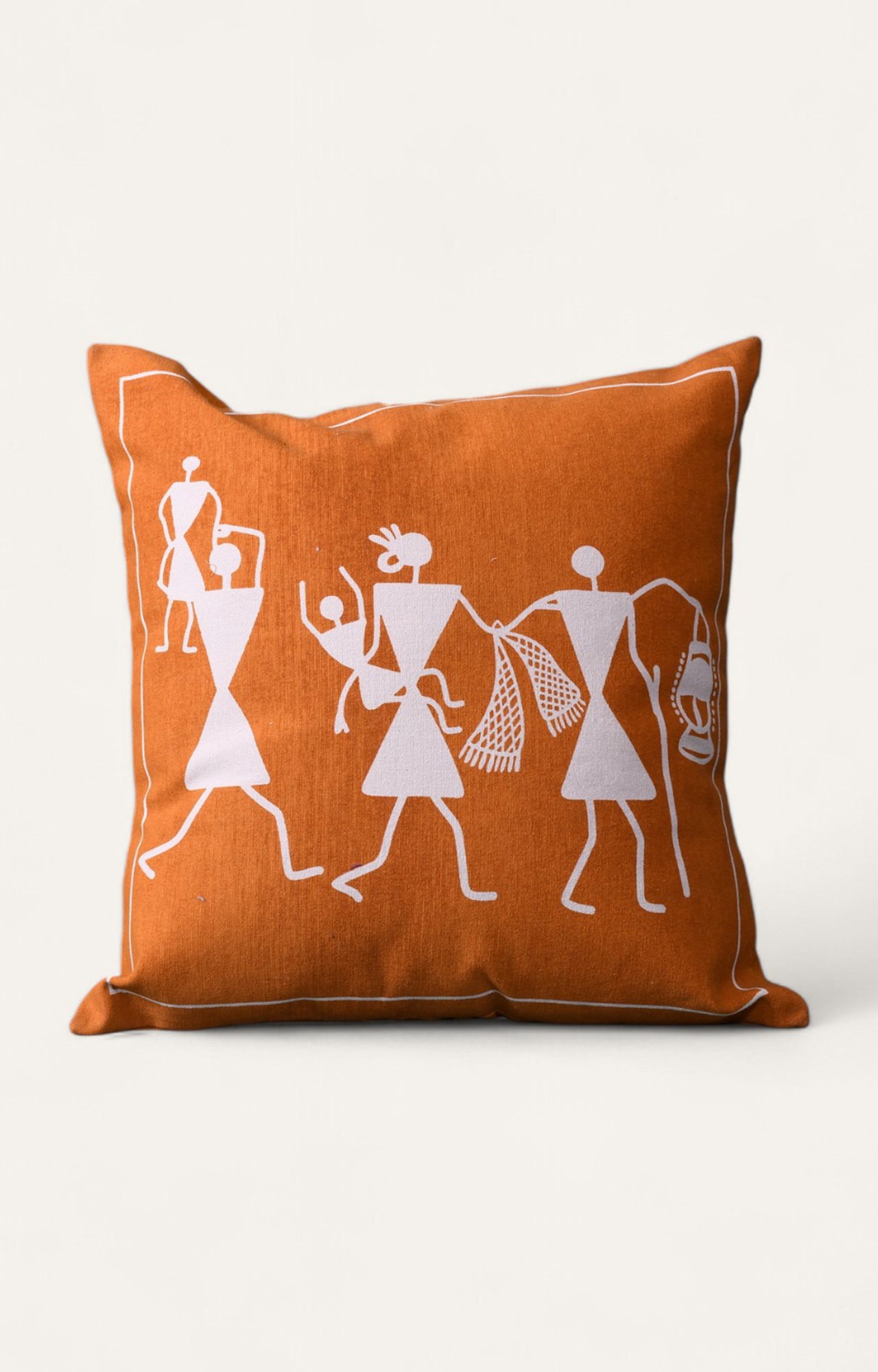 Warli Print Orange Cotton Linen Cushion