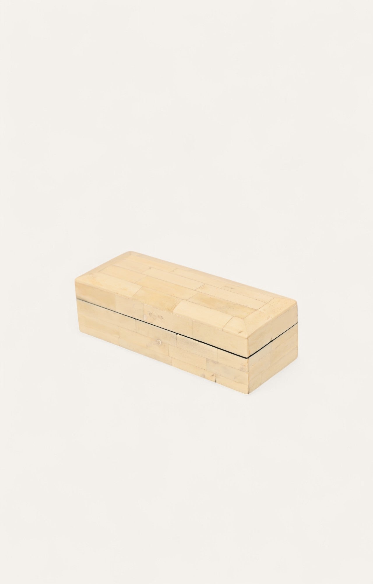 Slim rectangular cream bone inlay box with domed lid and clean lines