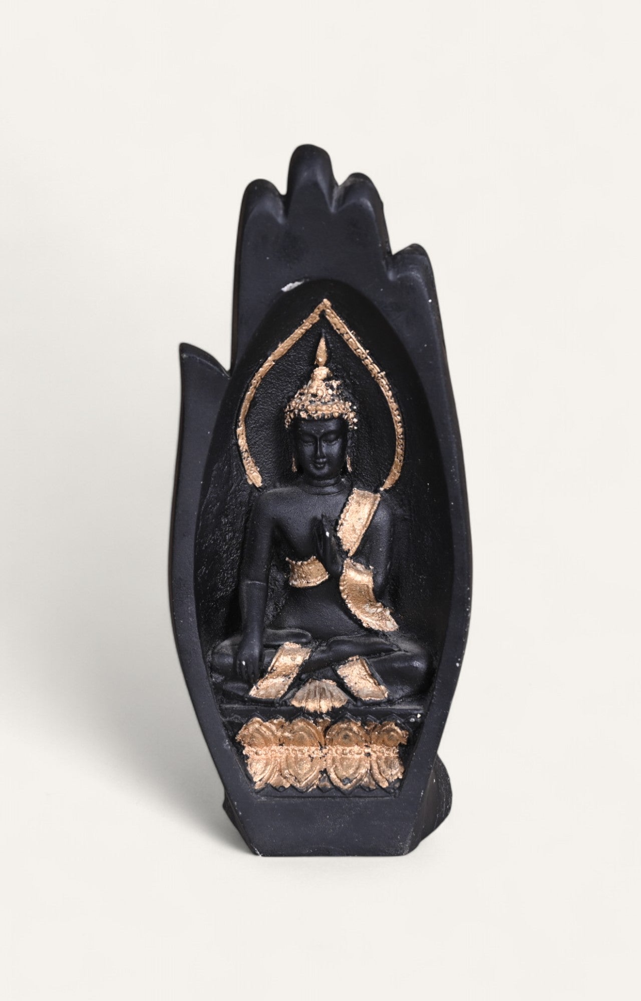 Resin Buddha Sculpture in Hand – Black & Gold Finish