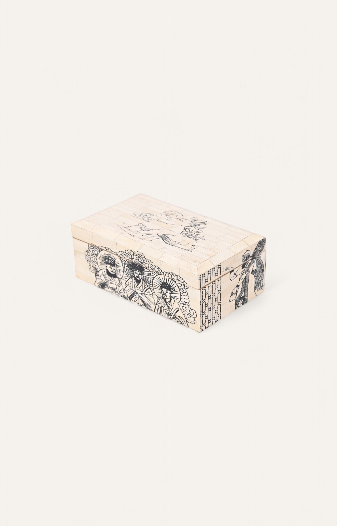 Box with bone tile base and hand-painted oriental court scene on top and sides