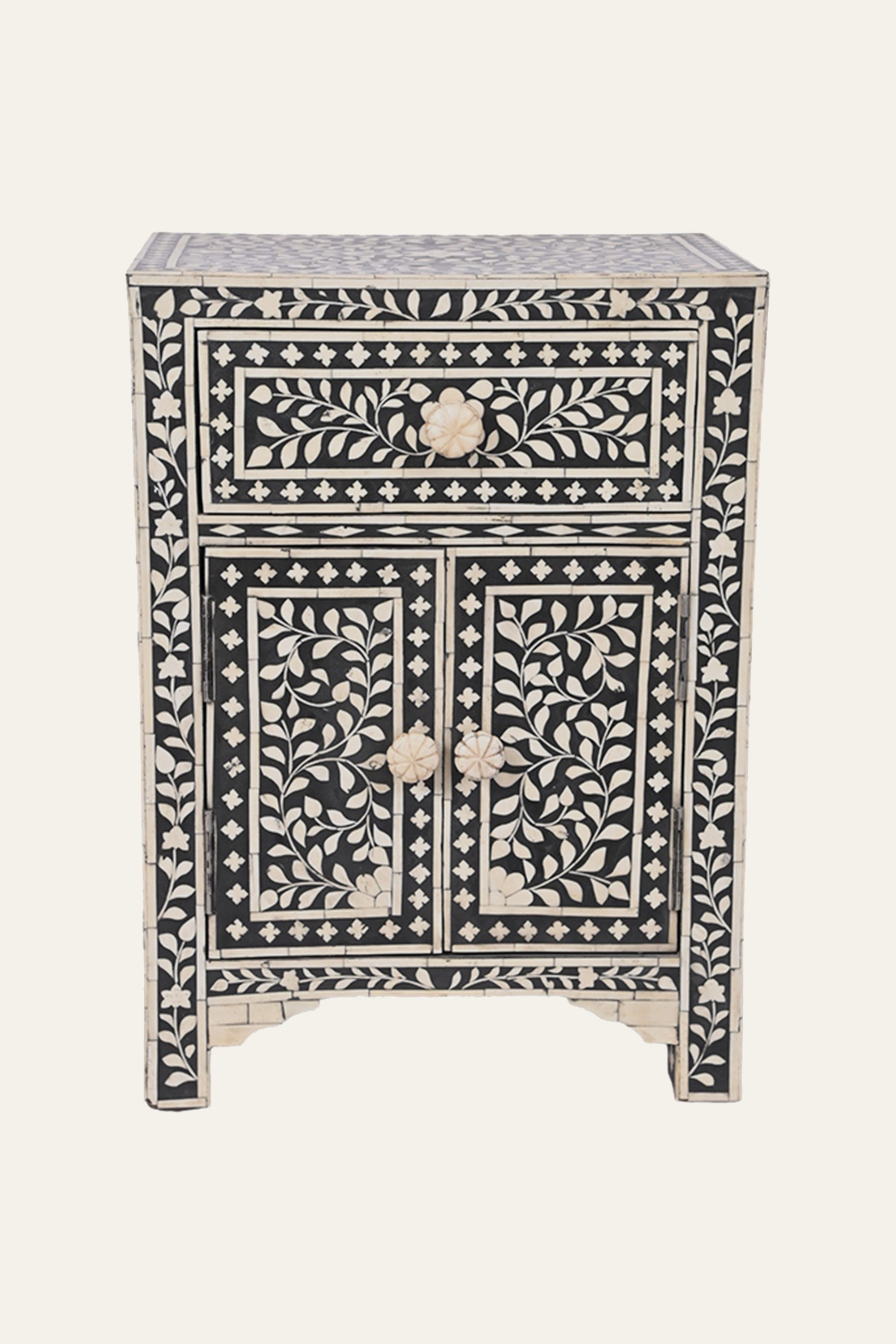 Black Bone Inlay Floral 1-Door Bedside Table with Storage Drawer