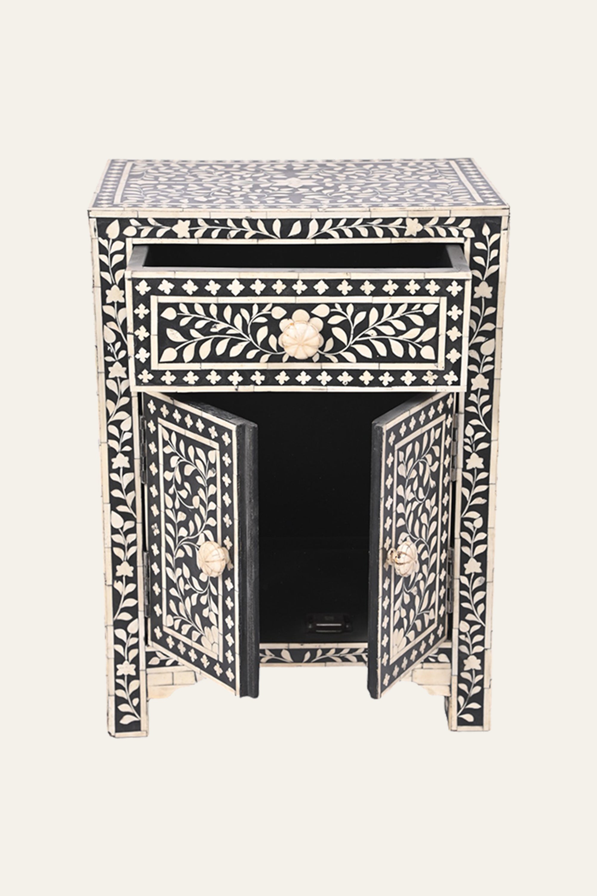 Black Bone Inlay Floral 1-Door Bedside Table with Storage Drawer