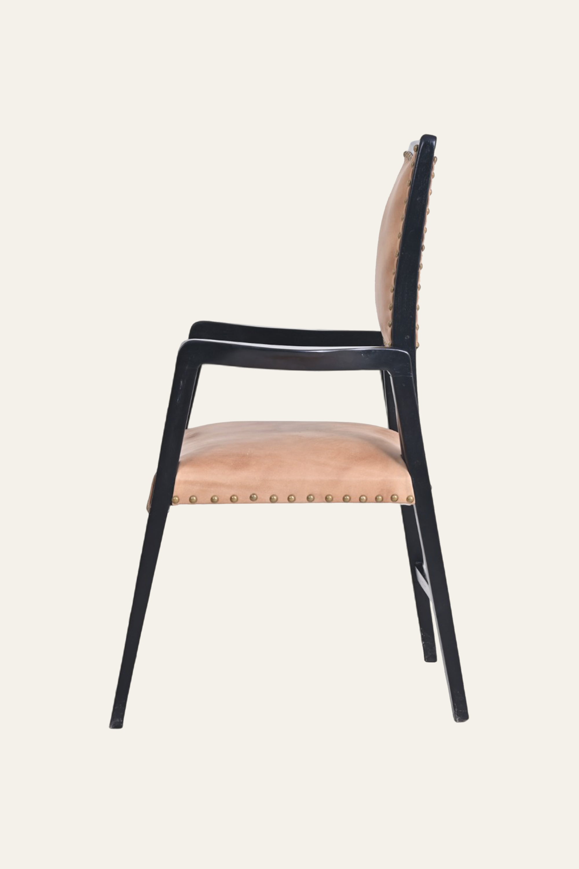 Black Wooden Armchair with Tan Studded Upholstery