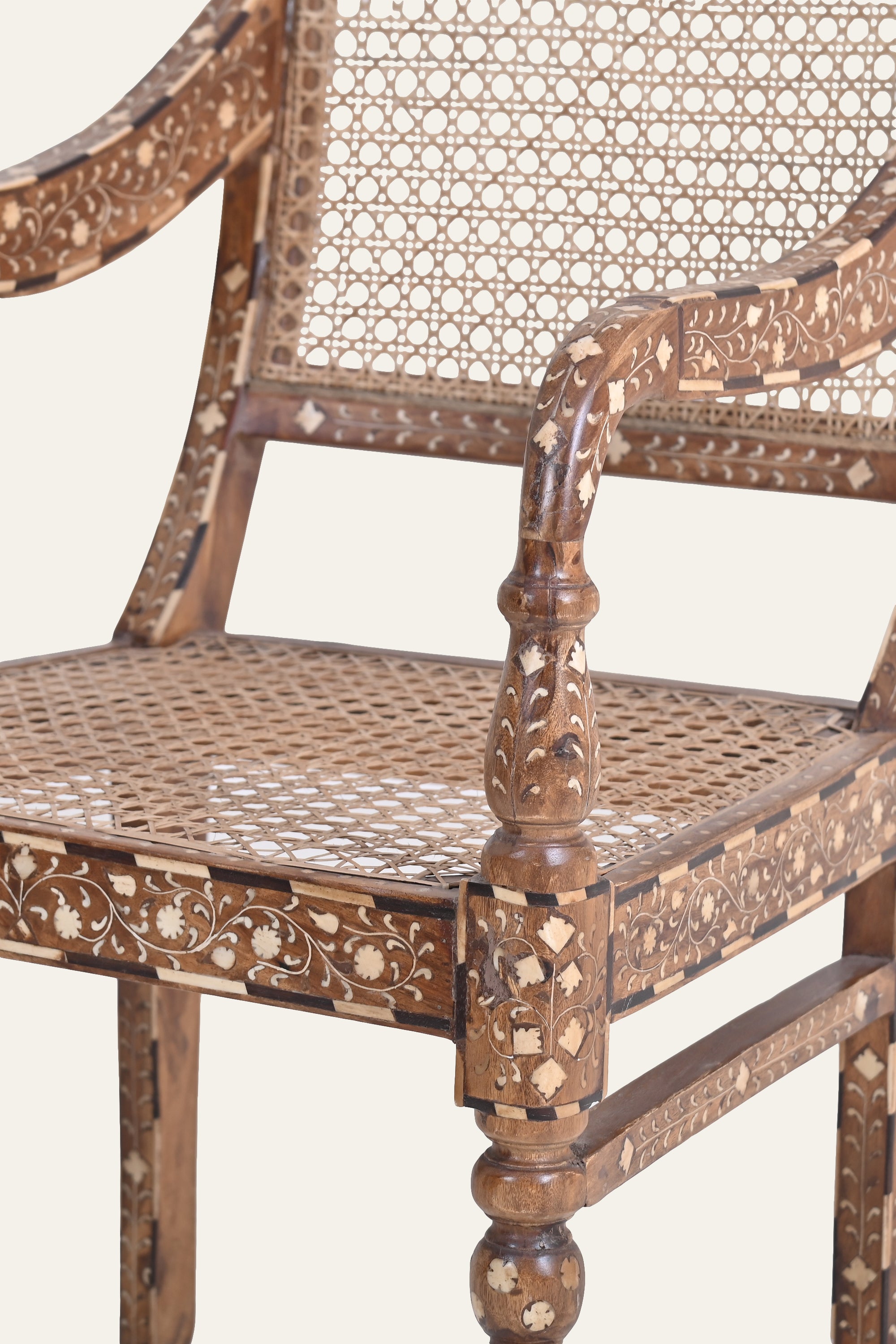 Indian Style Bone Inlay Cane High-Back Arm Chair