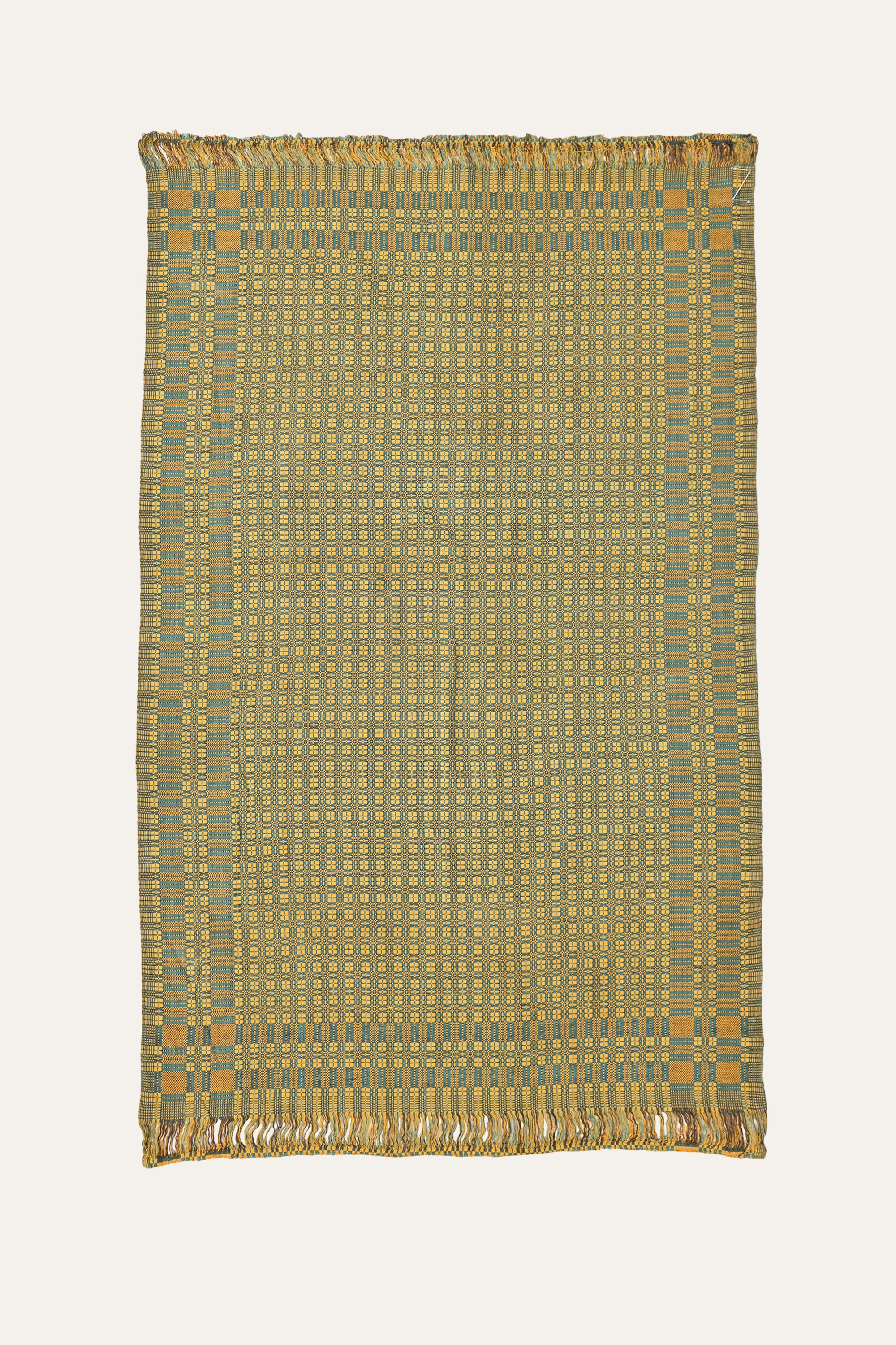Olive Check Reversible Cotton Khes Textile with Yellow Accent Weave