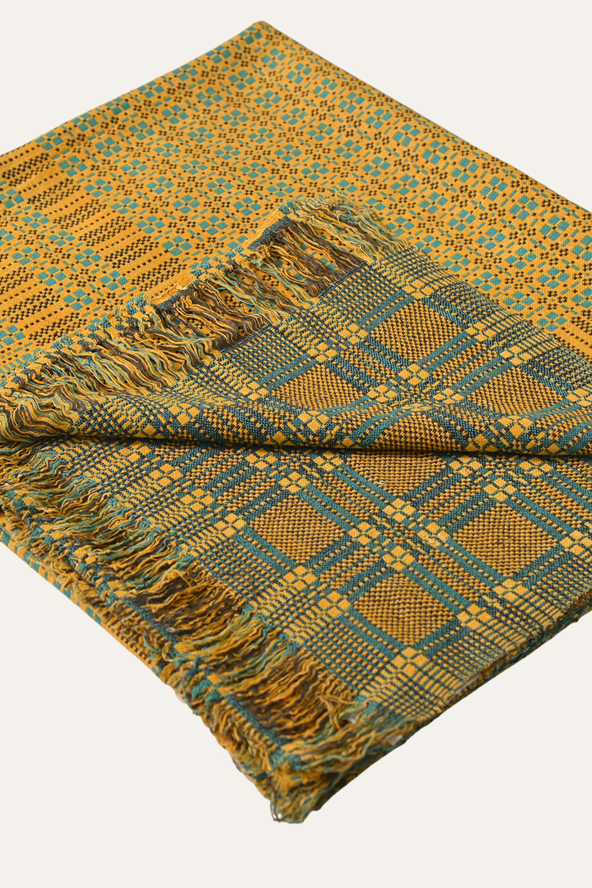 Olive Check Reversible Cotton Khes Textile with Yellow Accent Weave