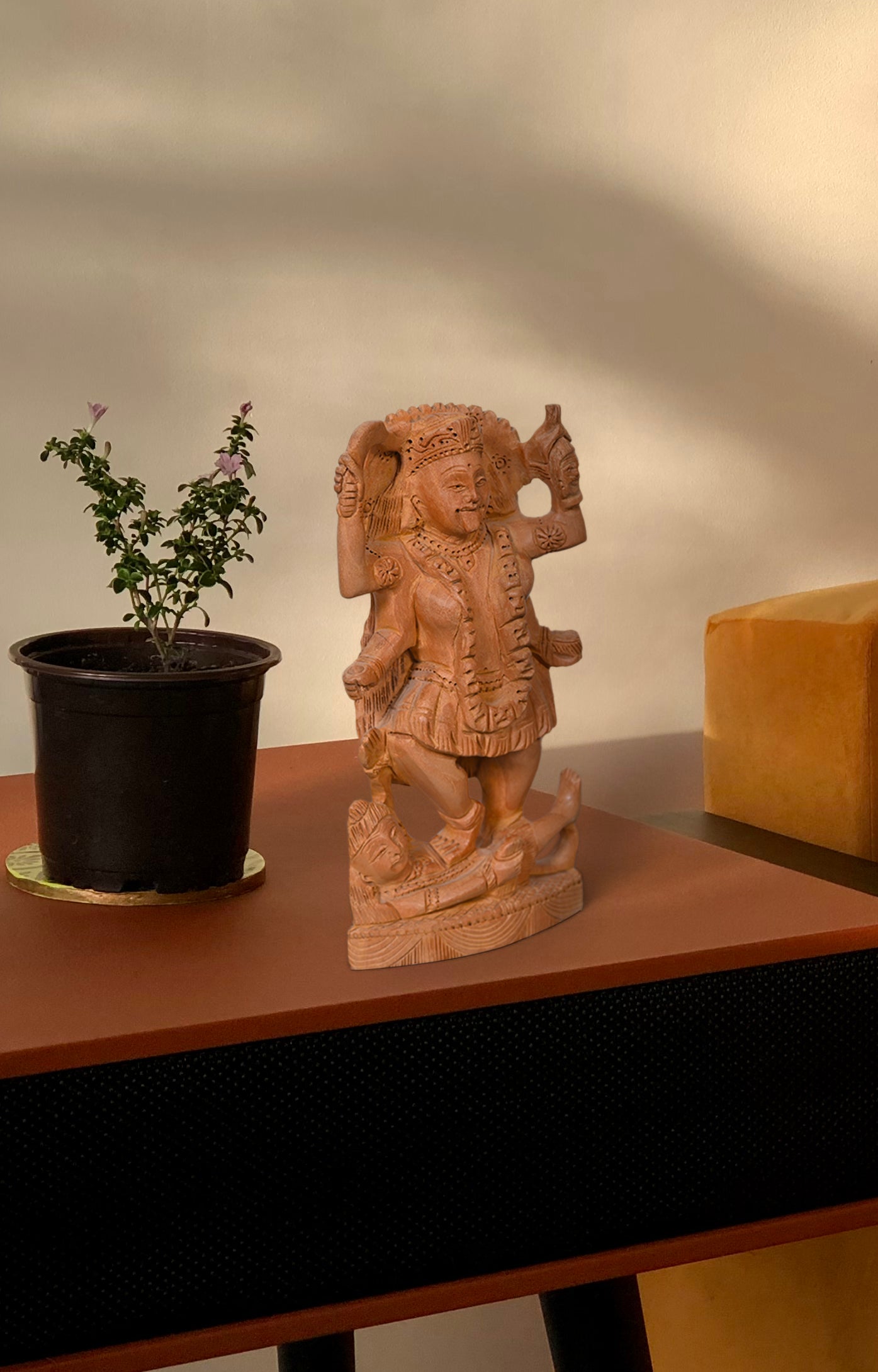 Intricately Hand-Carved Hindu Goddess Kali Ma Wood Sculpture