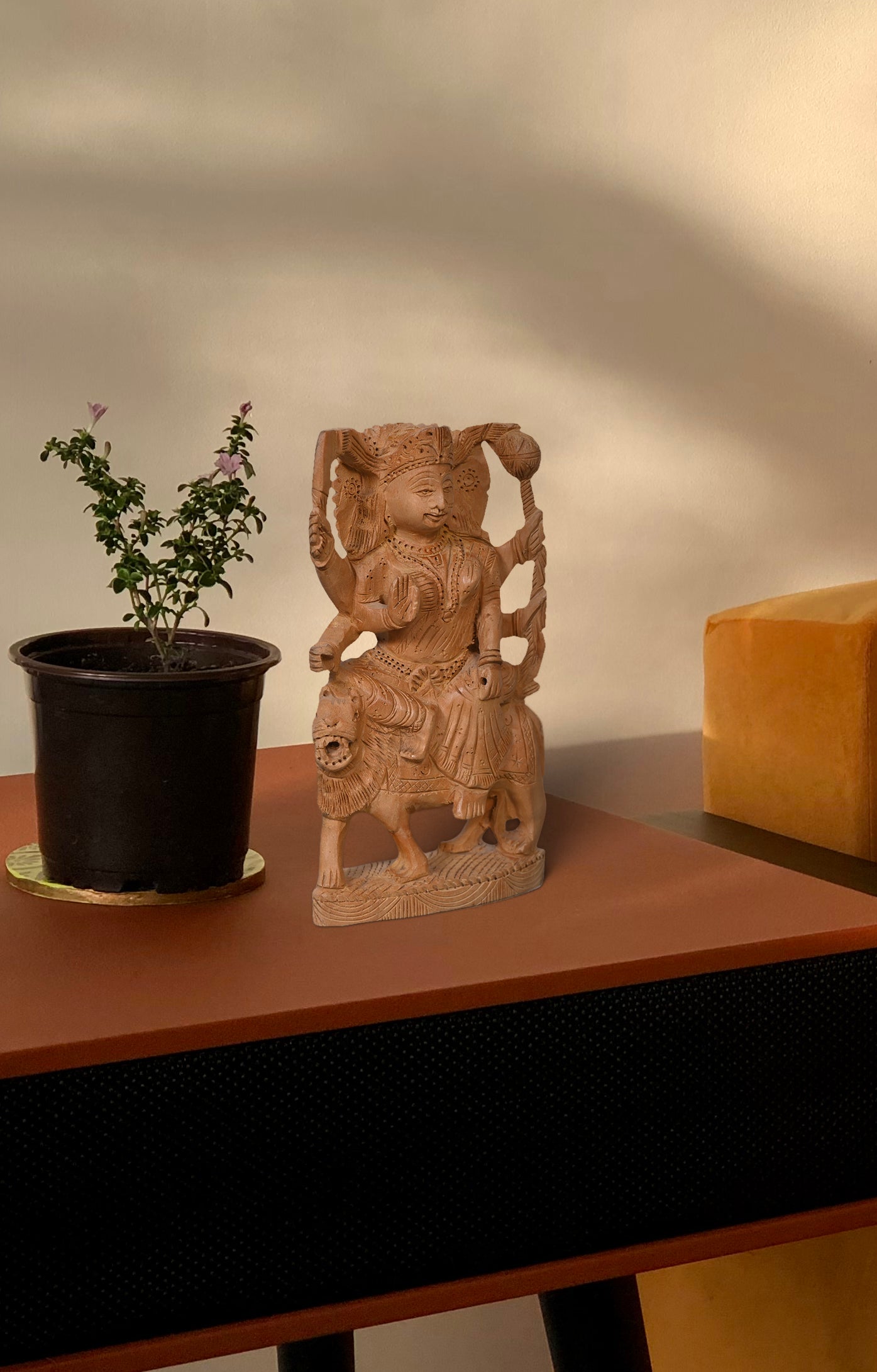 Exquisite Hand-Carved Hindu Goddess Durga Wood Sculpture