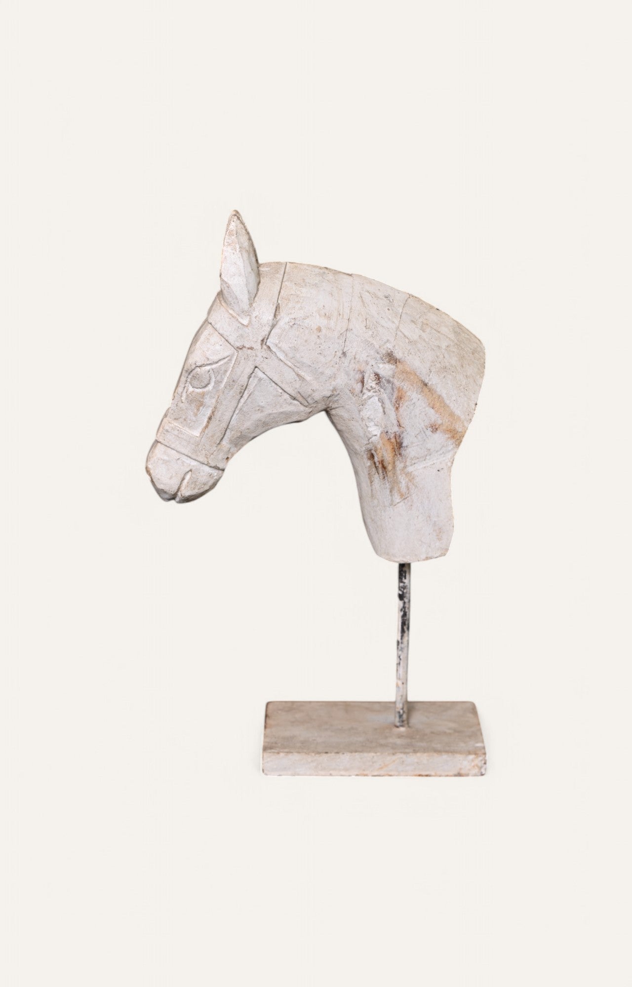 Wooden White Horse Head Sculpture on Metal Stand