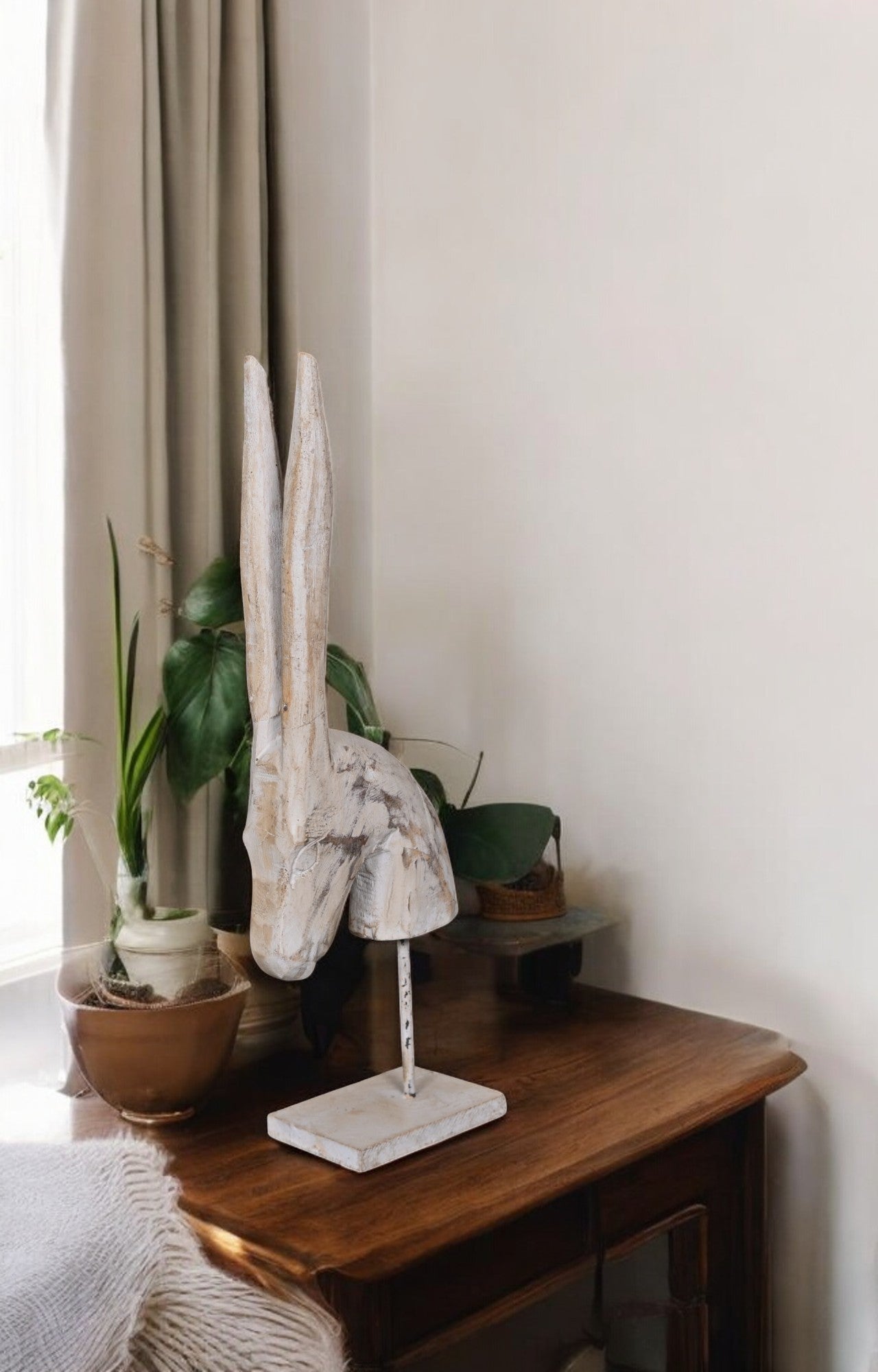 Modern White Deer Head Sculpture on Metal Stand