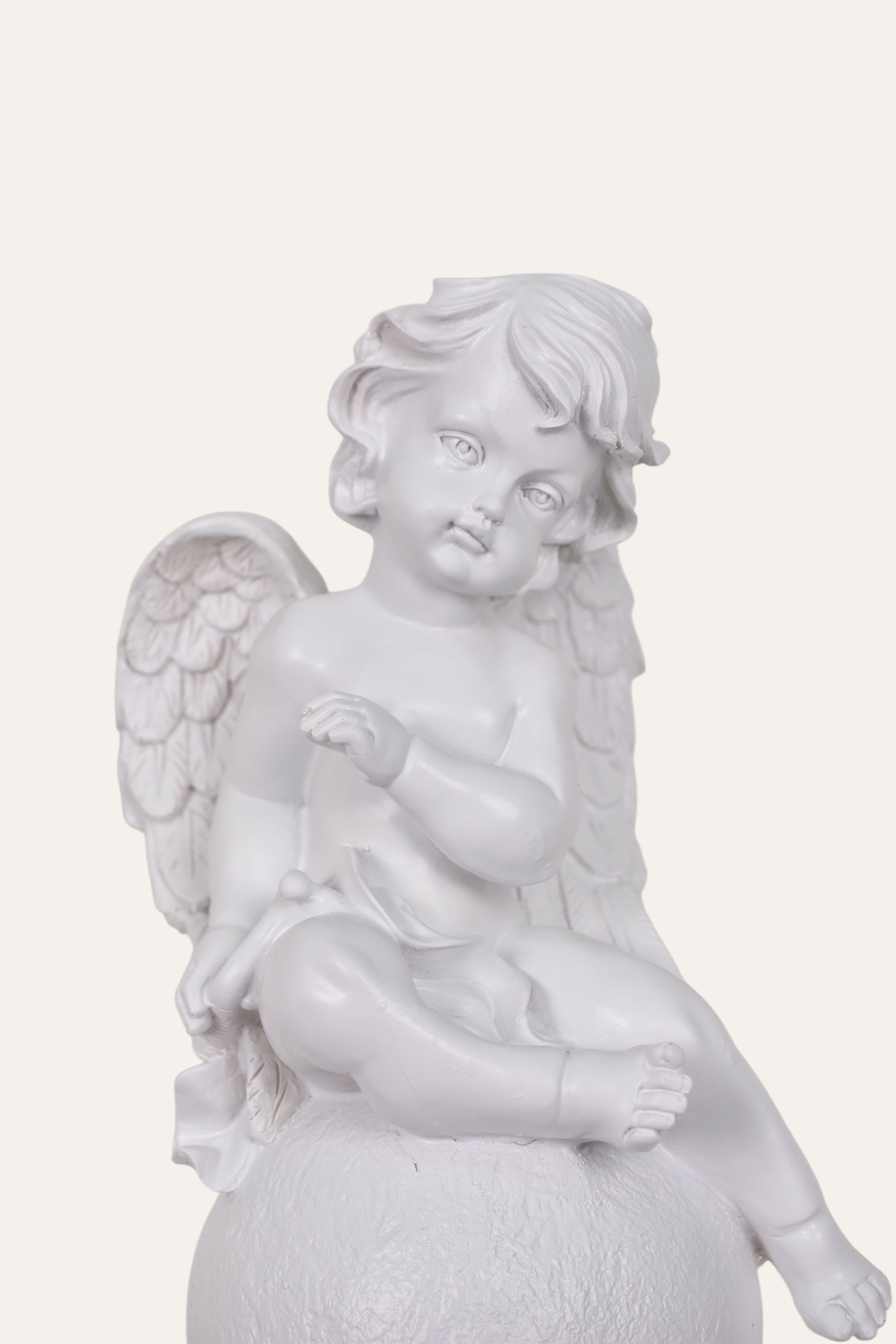 Classical White Resin Cherub Angel Statue Resting on Sphere