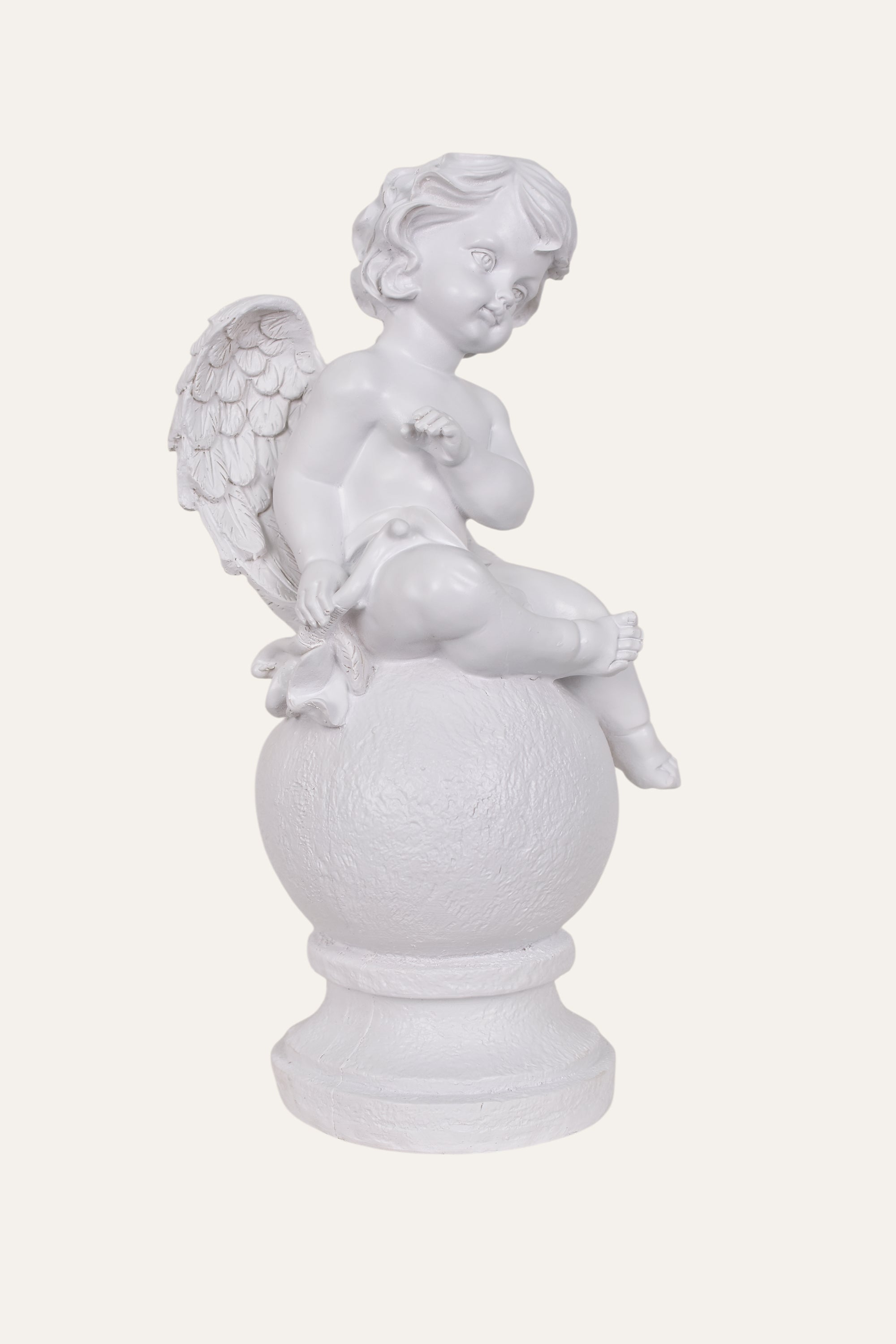 Classical White Resin Cherub Angel Statue Resting on Sphere