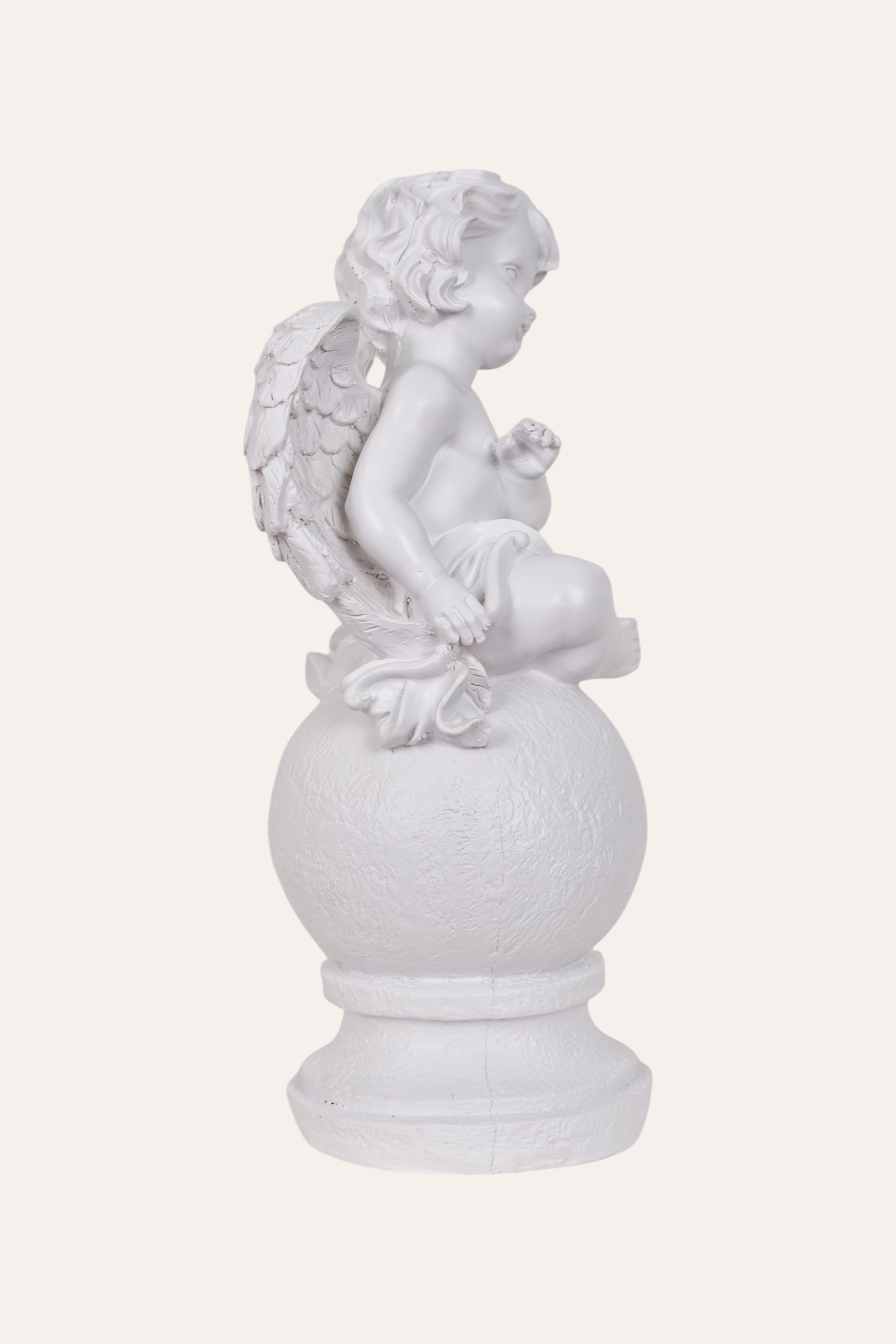 Classical White Resin Cherub Angel Statue Resting on Sphere