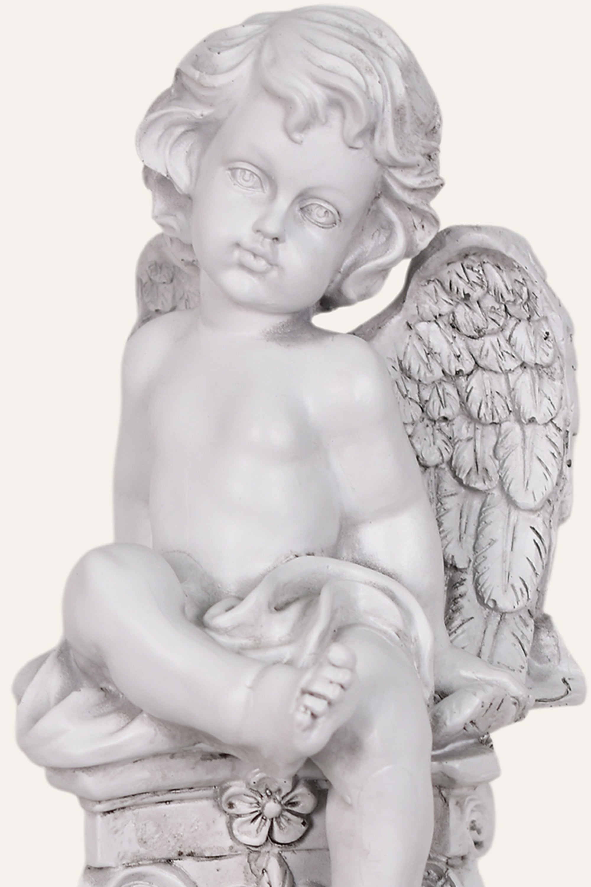 Classical White Resin Garden Cherub Angel Statue on Roman Column Pedestal