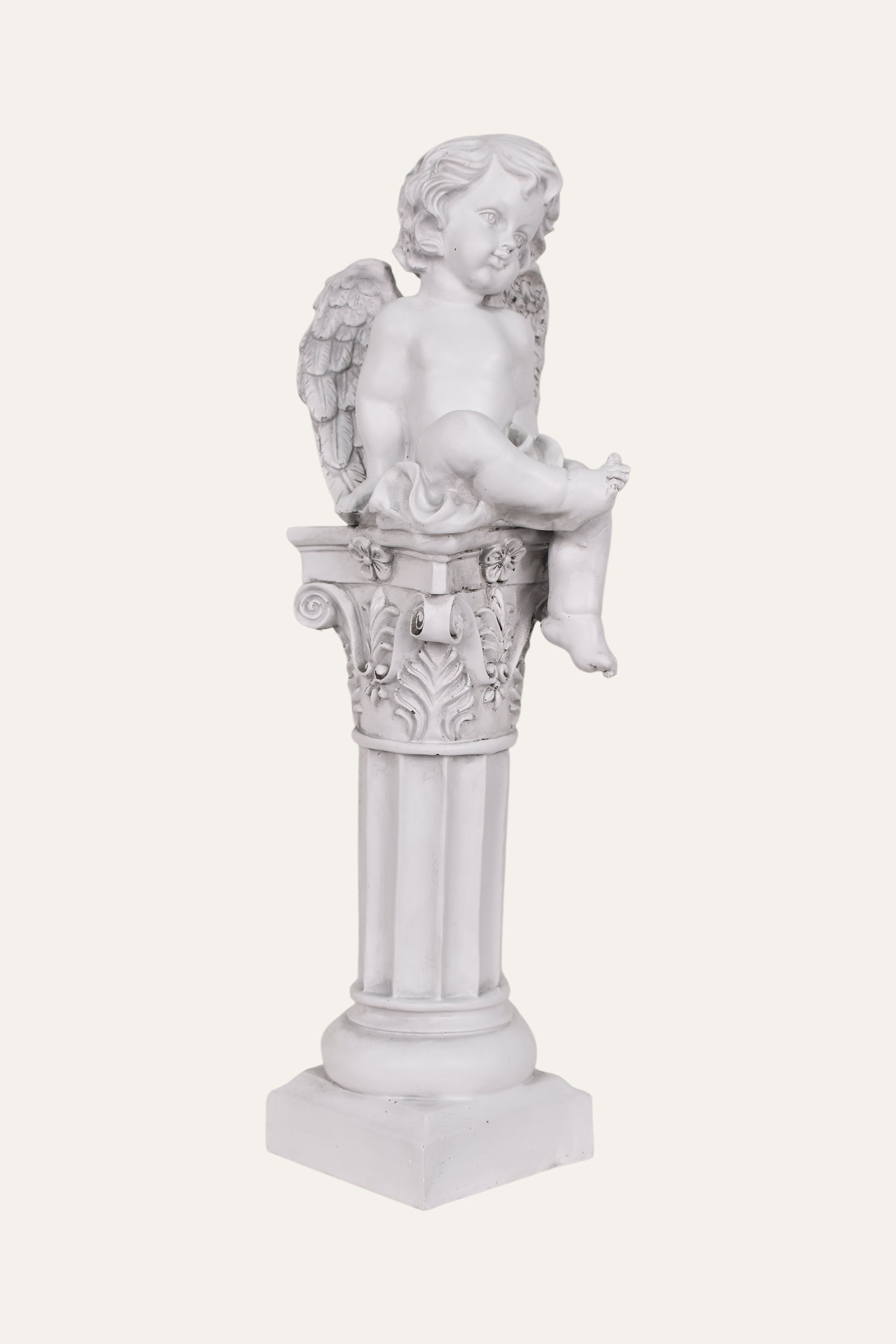 Classical White Resin Garden Cherub Angel Statue on Roman Column Pedestal