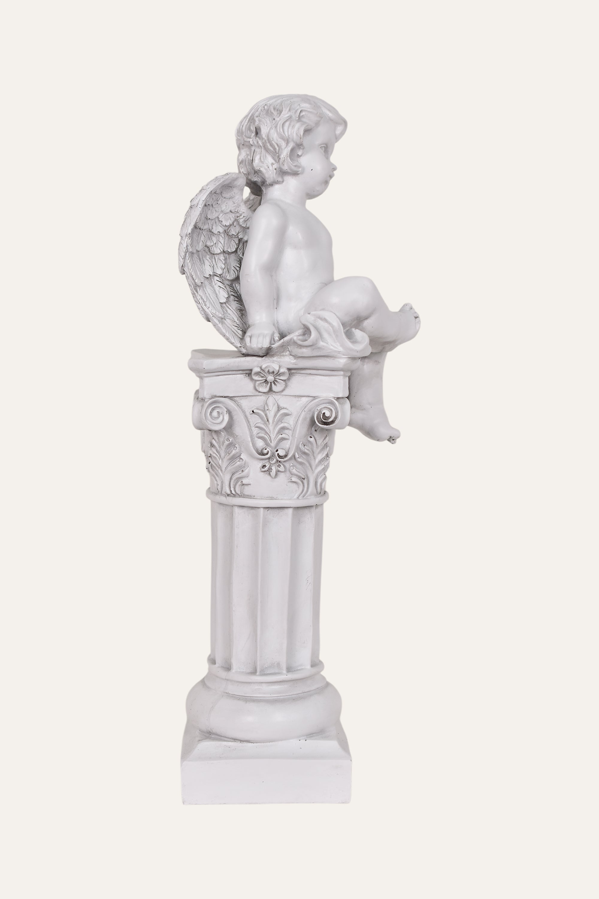 Classical White Resin Garden Cherub Angel Statue on Roman Column Pedestal