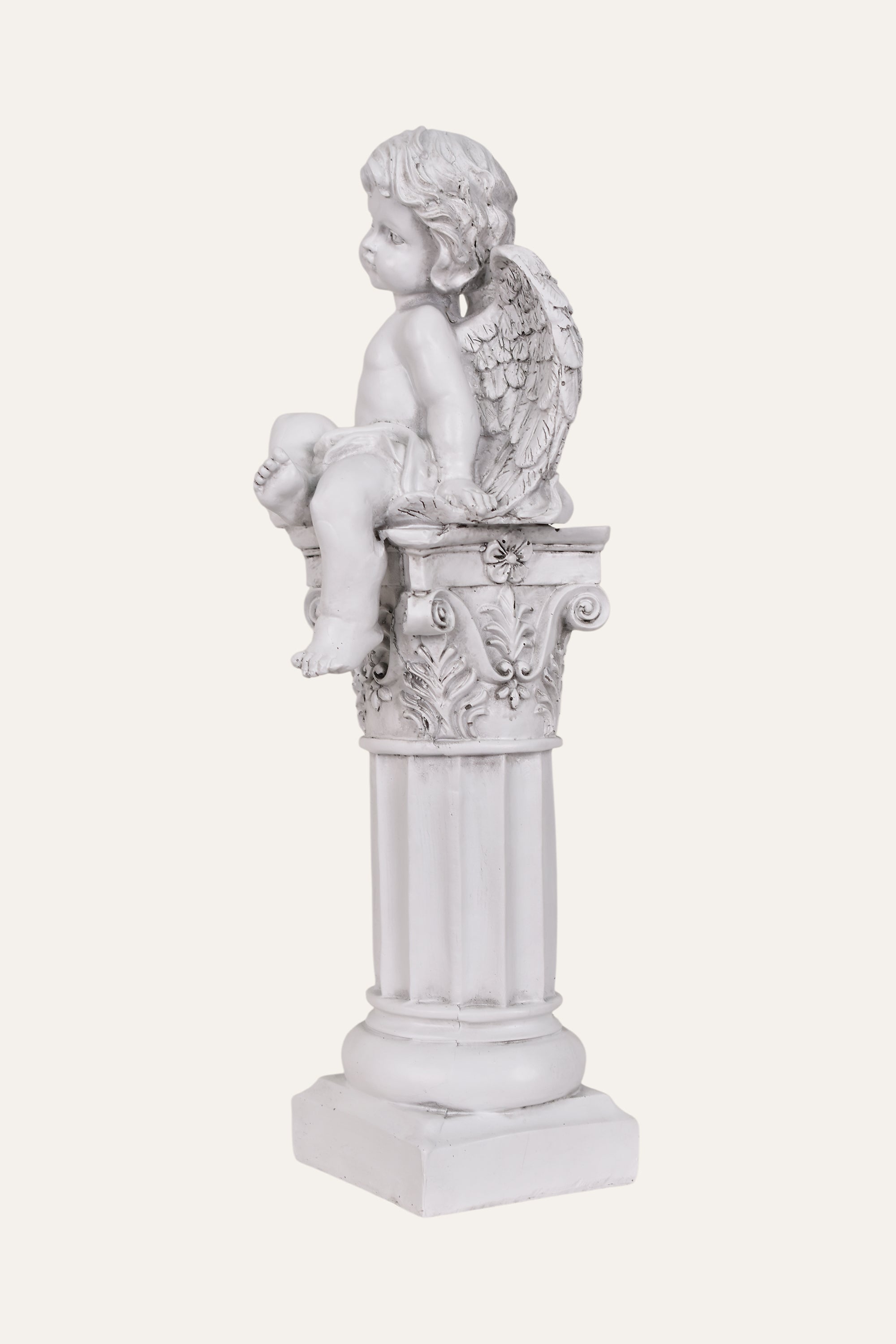 Classical White Resin Garden Cherub Angel Statue on Roman Column Pedestal