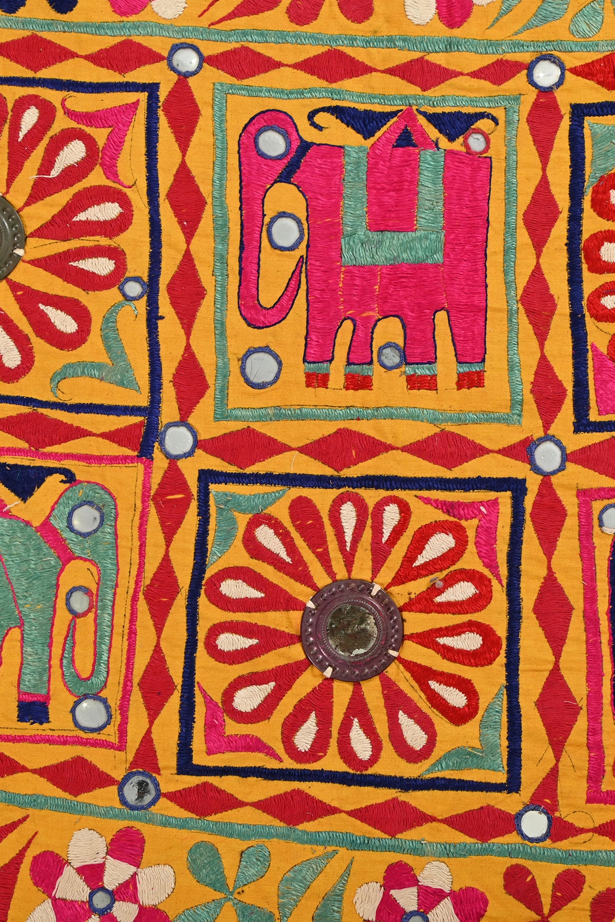 Elephant & Botanical Mirrorwork Six Grid Embroidered Wall Hanging