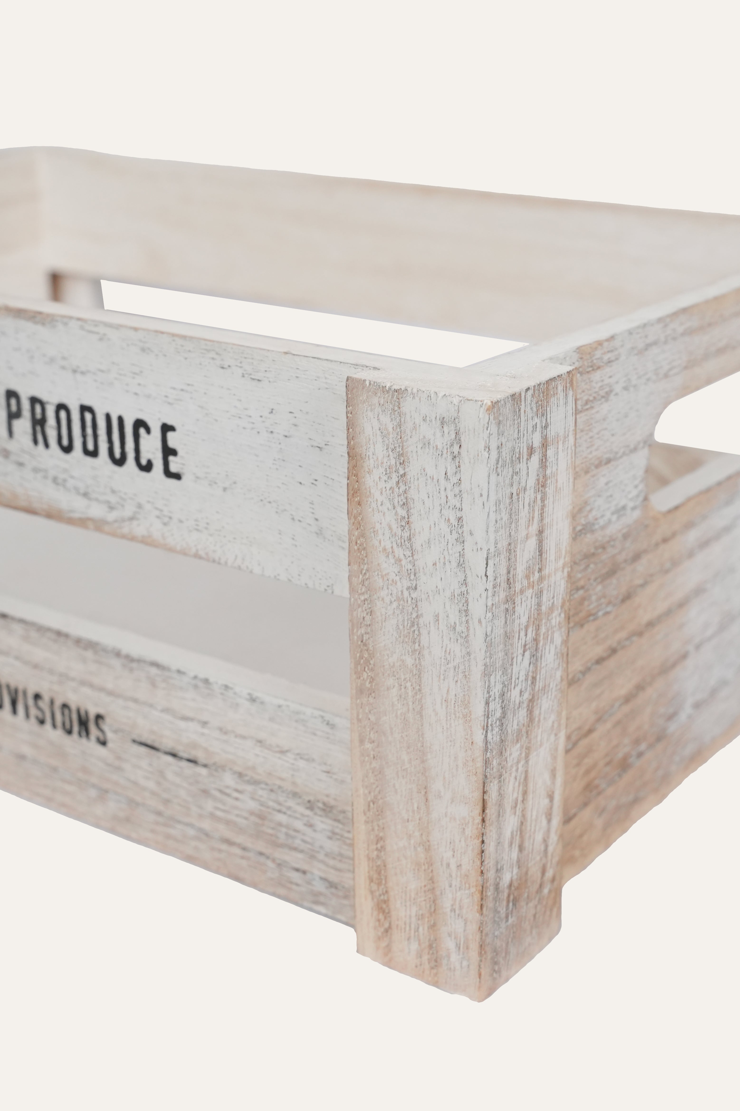 Decorative wooden organizer basket with vintage lettering