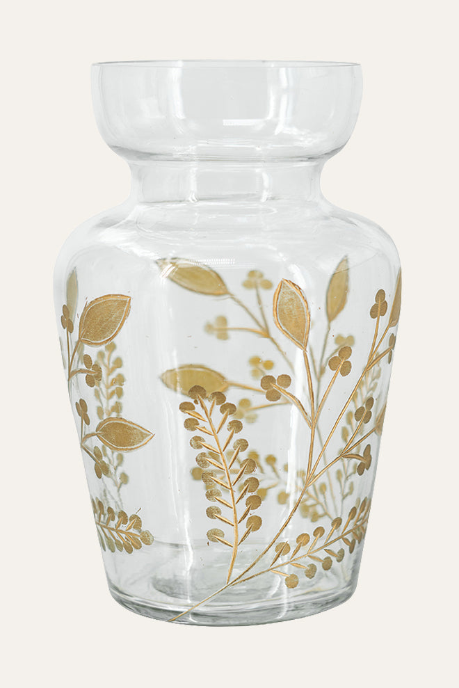 Clear glass vase with gold leaf patterns