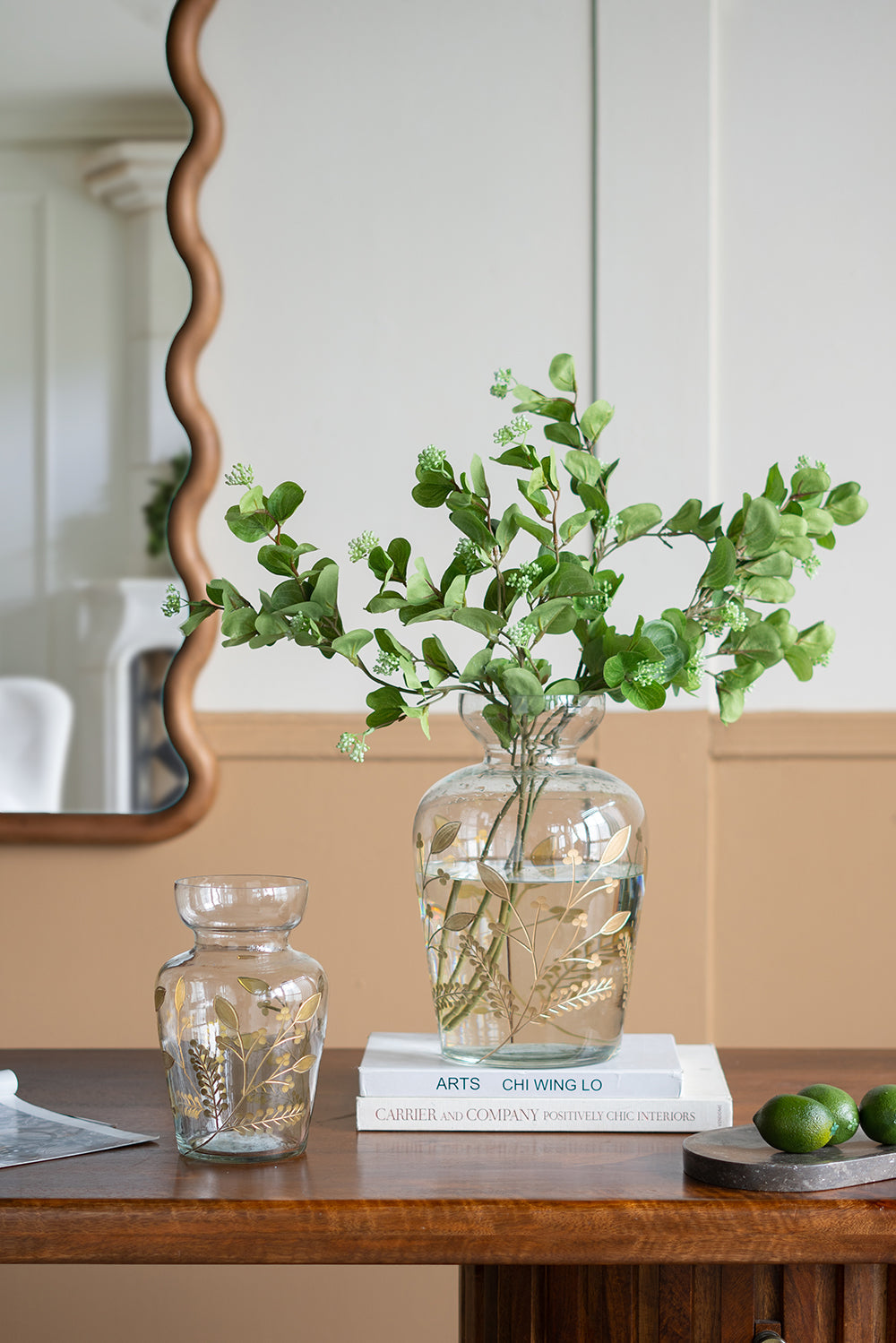 Glass Vase with Gold Botanical Pattern