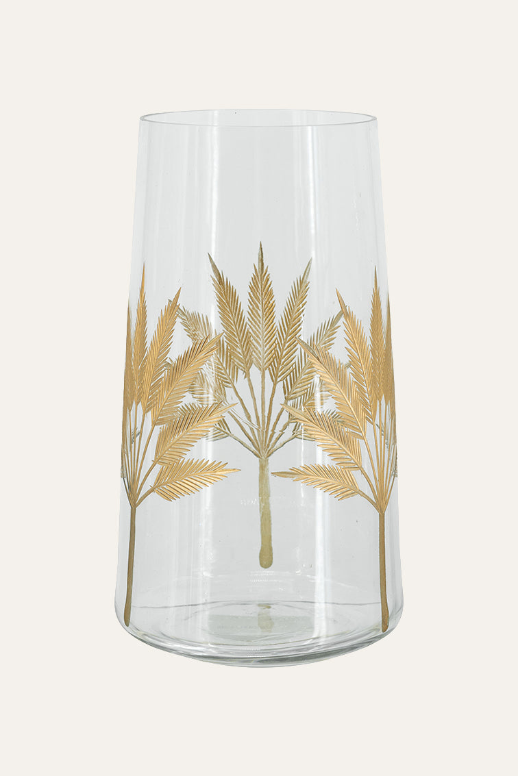 glass vase with gold palm leaf