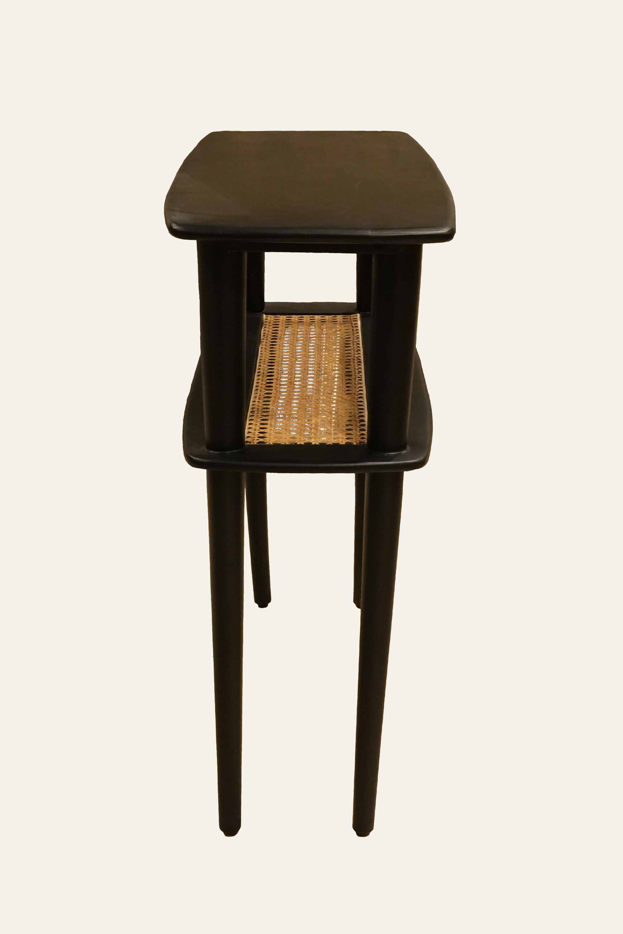 Entryway table with woven cane shelf