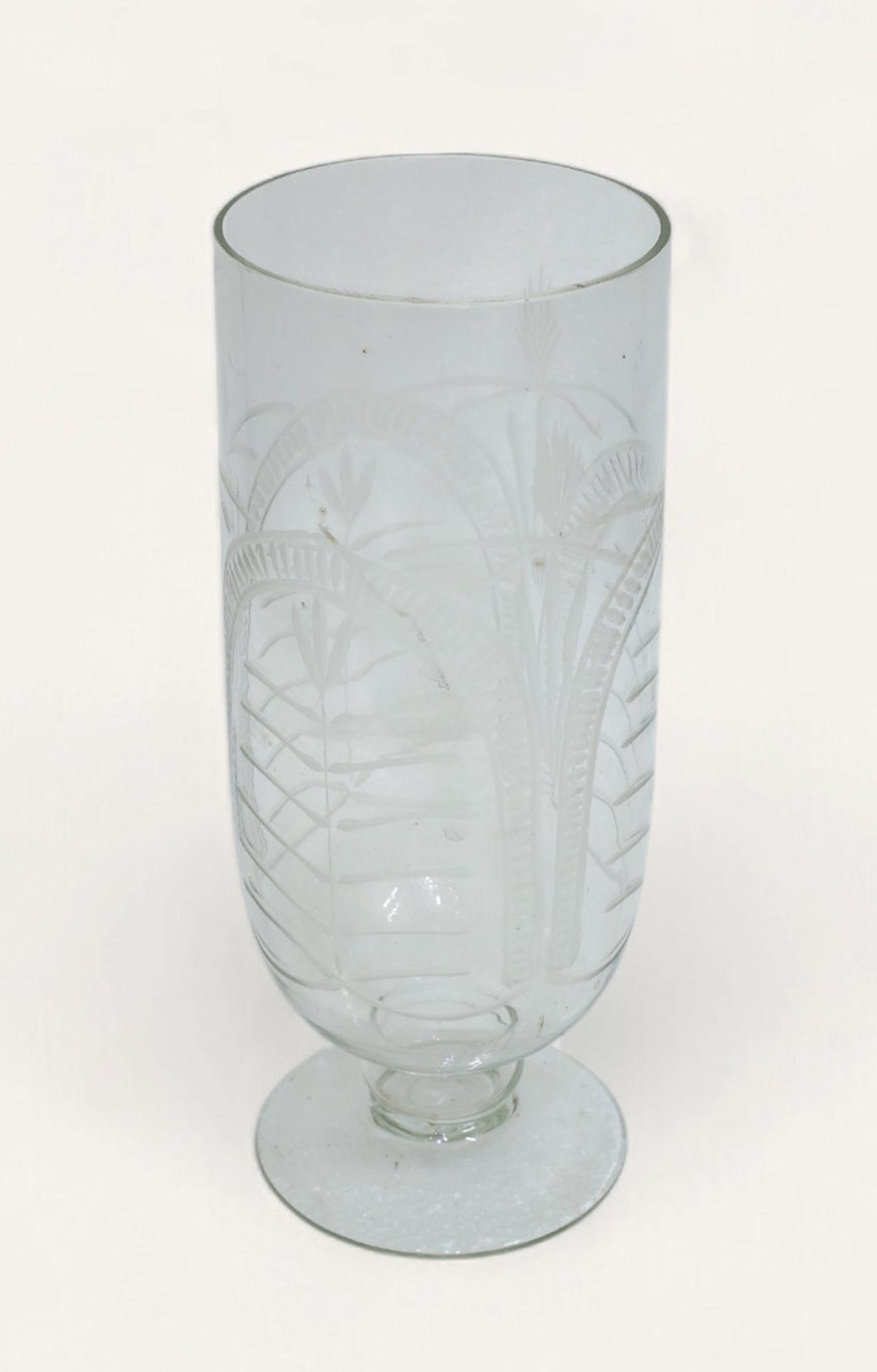 Etched Palm Pedestal Clear Glass Candle Stand