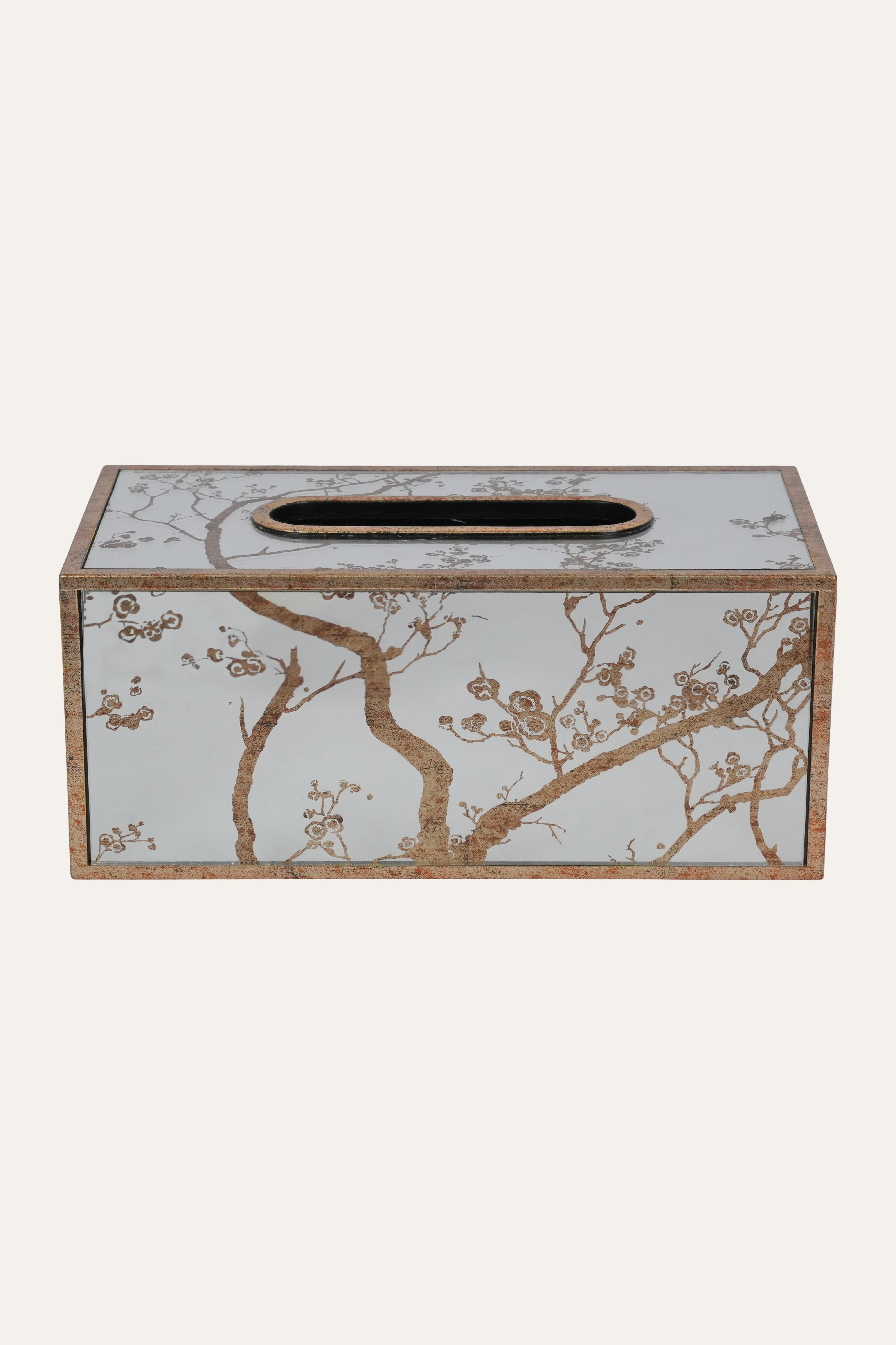 Etched branch glass tissue box