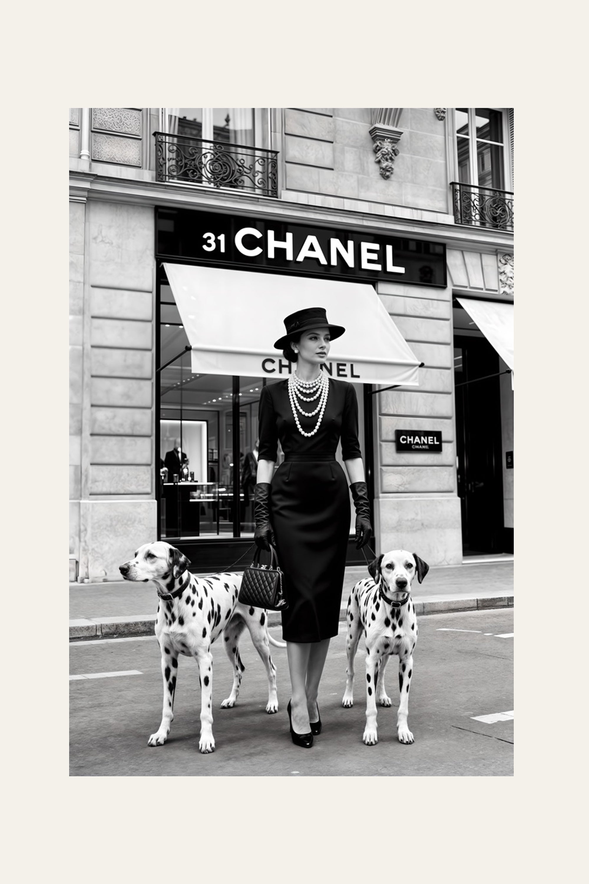 Gabrielle Coco Chanel with Dalmatians tempered glass painting