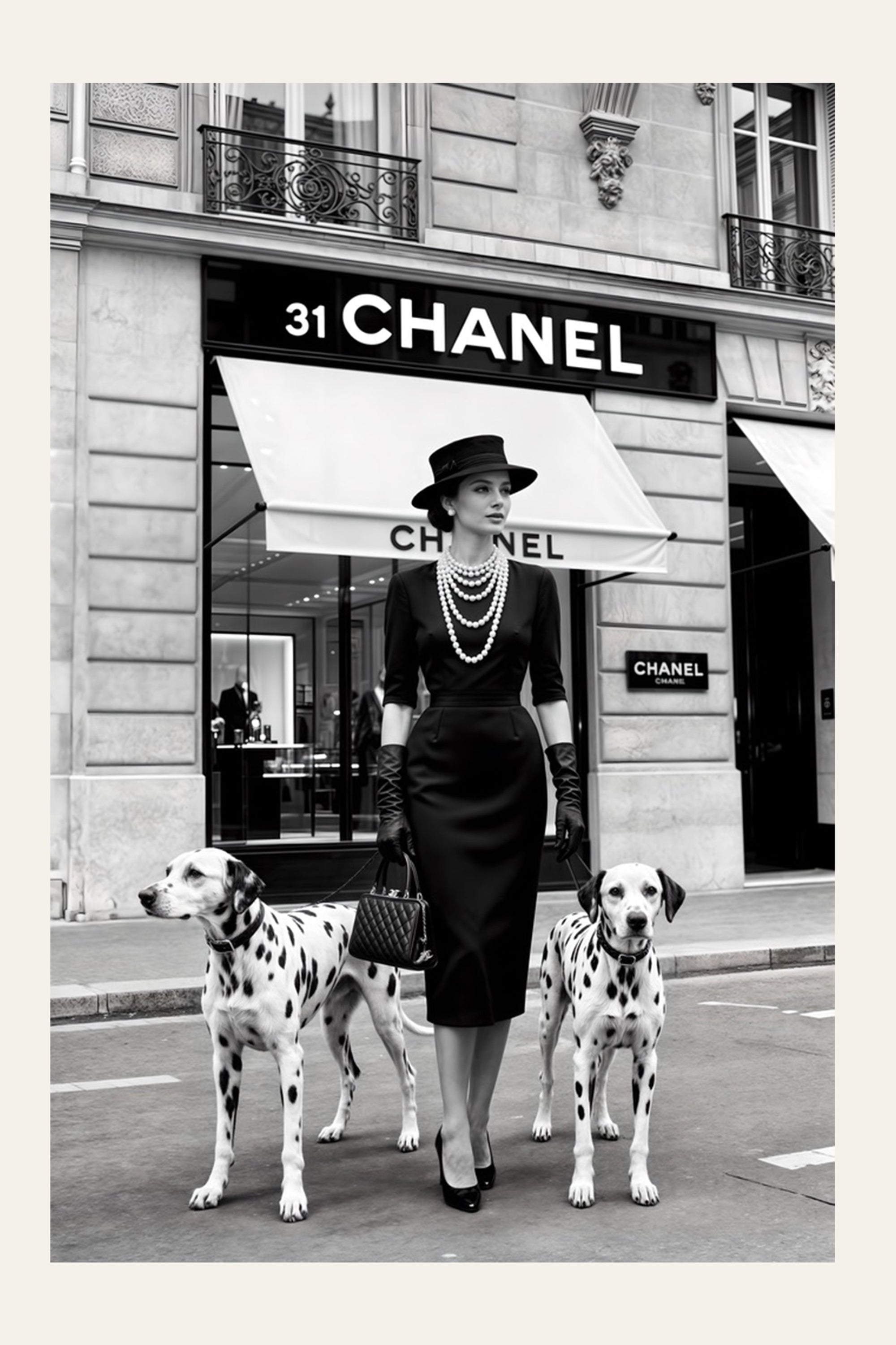 Gabrielle Coco Chanel with Dalmatians tempered glass painting