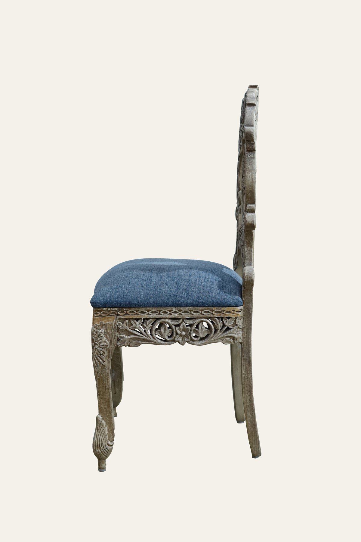 Grey Floral Carved Wooden Study Chair