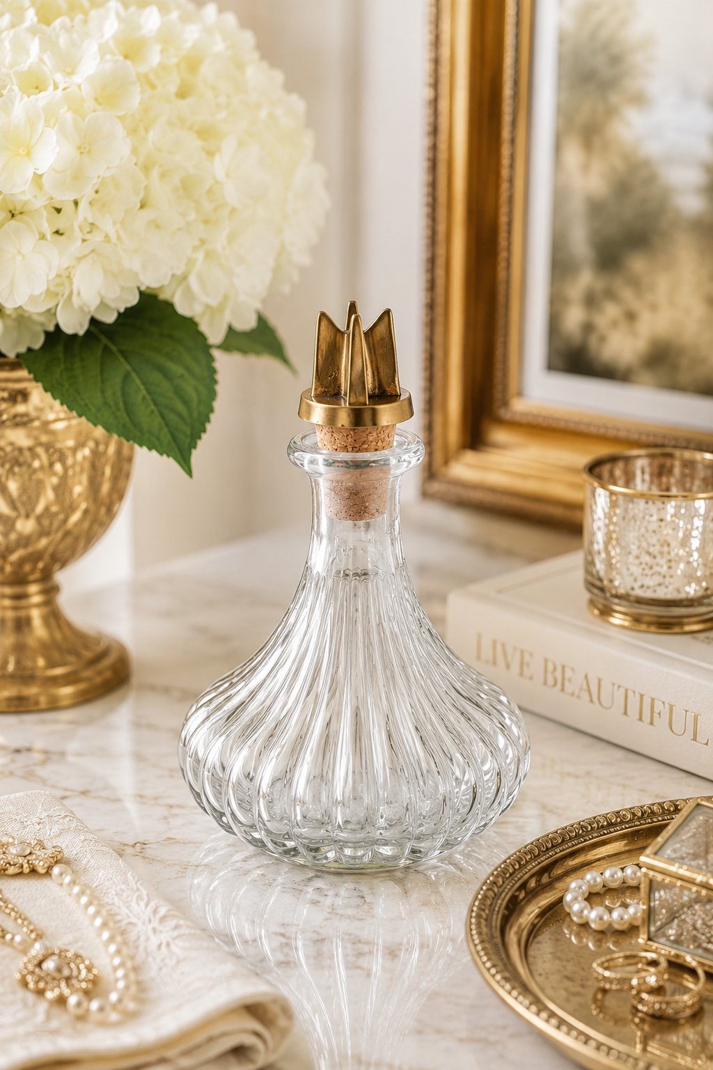 Ribbed Glass Bottle Container with Antique Brass Stopper