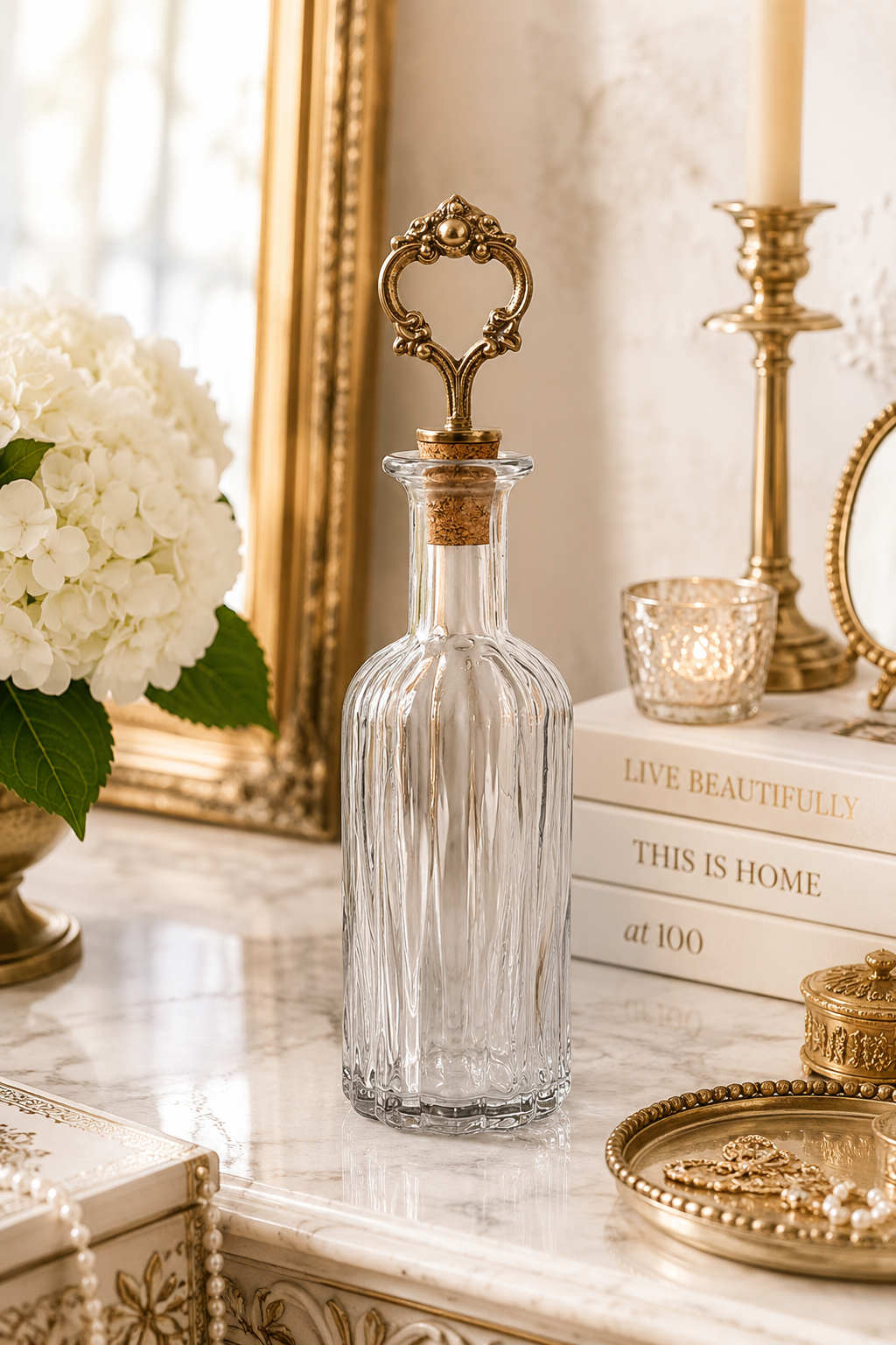 Ribbed Glass Bottle Container with Antique Brass Stopper