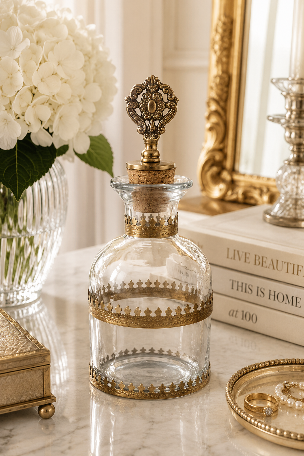 Vintage-Style Round Glass Bottle Container with Antique Brass Detailing