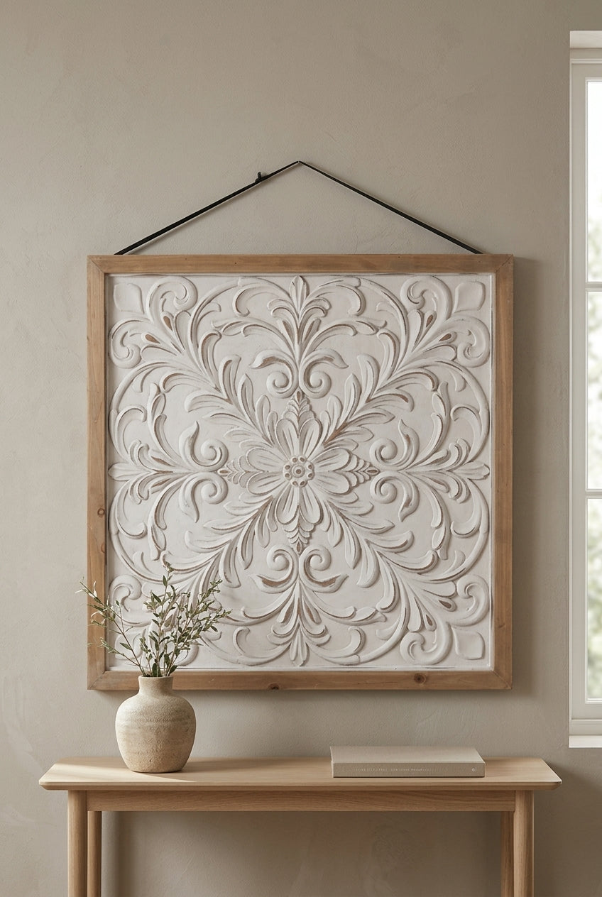 Handcrafted Floral Carved Wooden Wall Panel