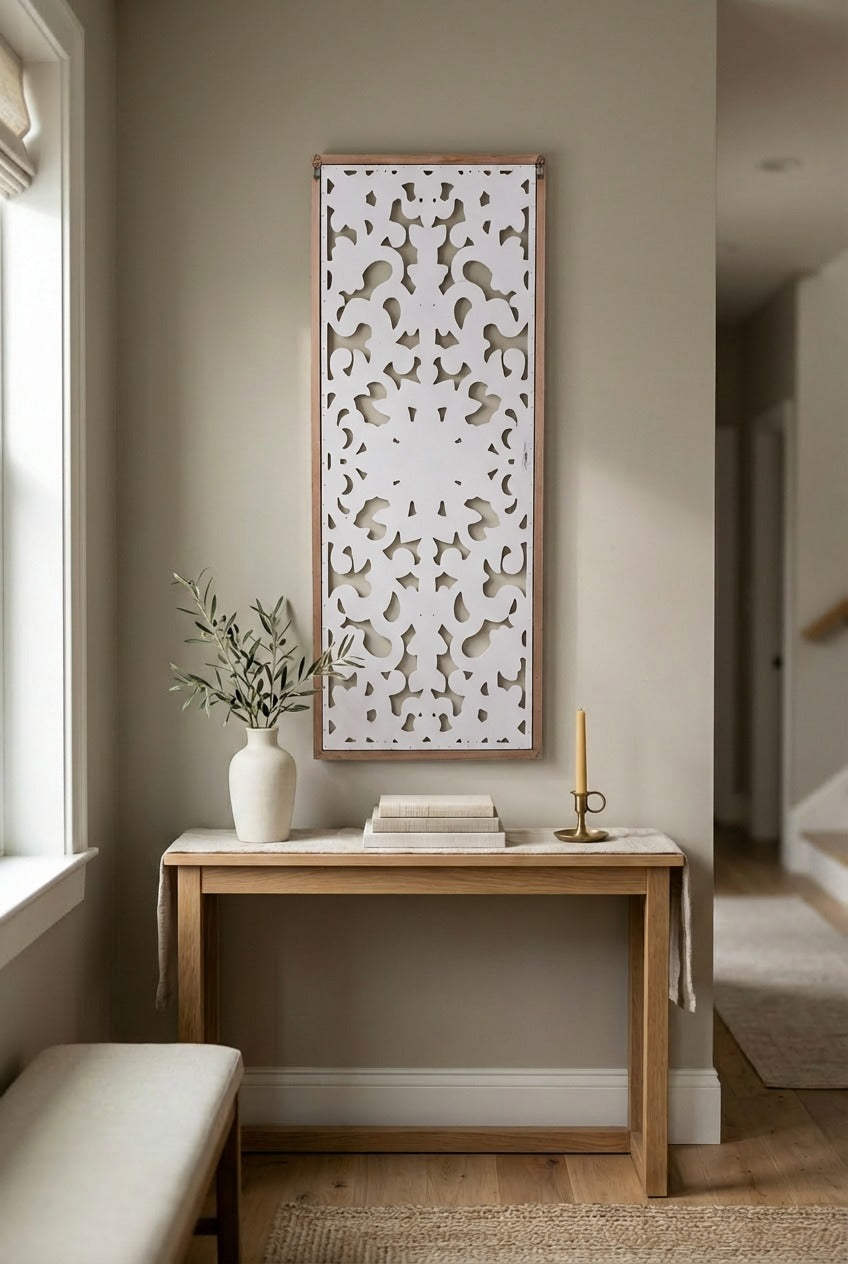 White Distressed Floral Carved Wooden Wall Panel