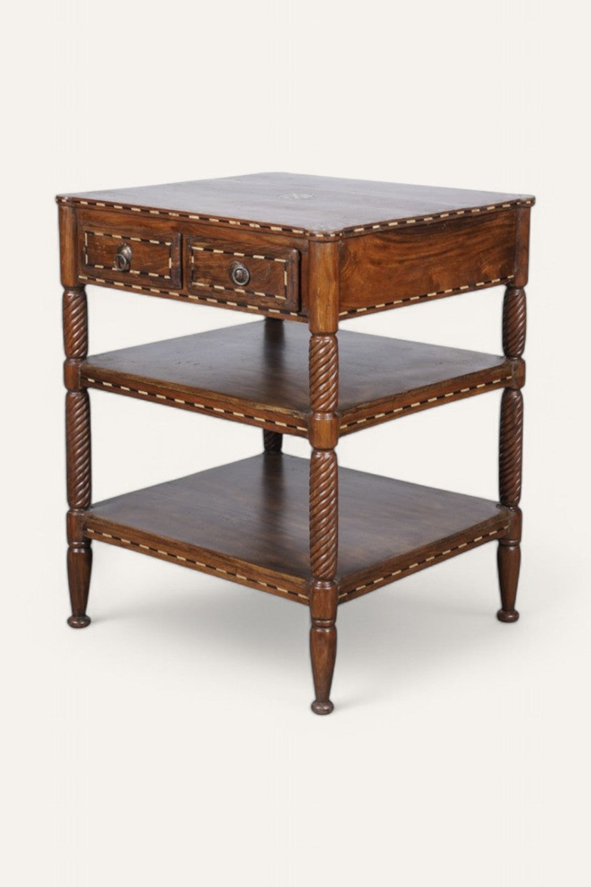 Hand-carved Side Table with Storage Drawers and Shelves
