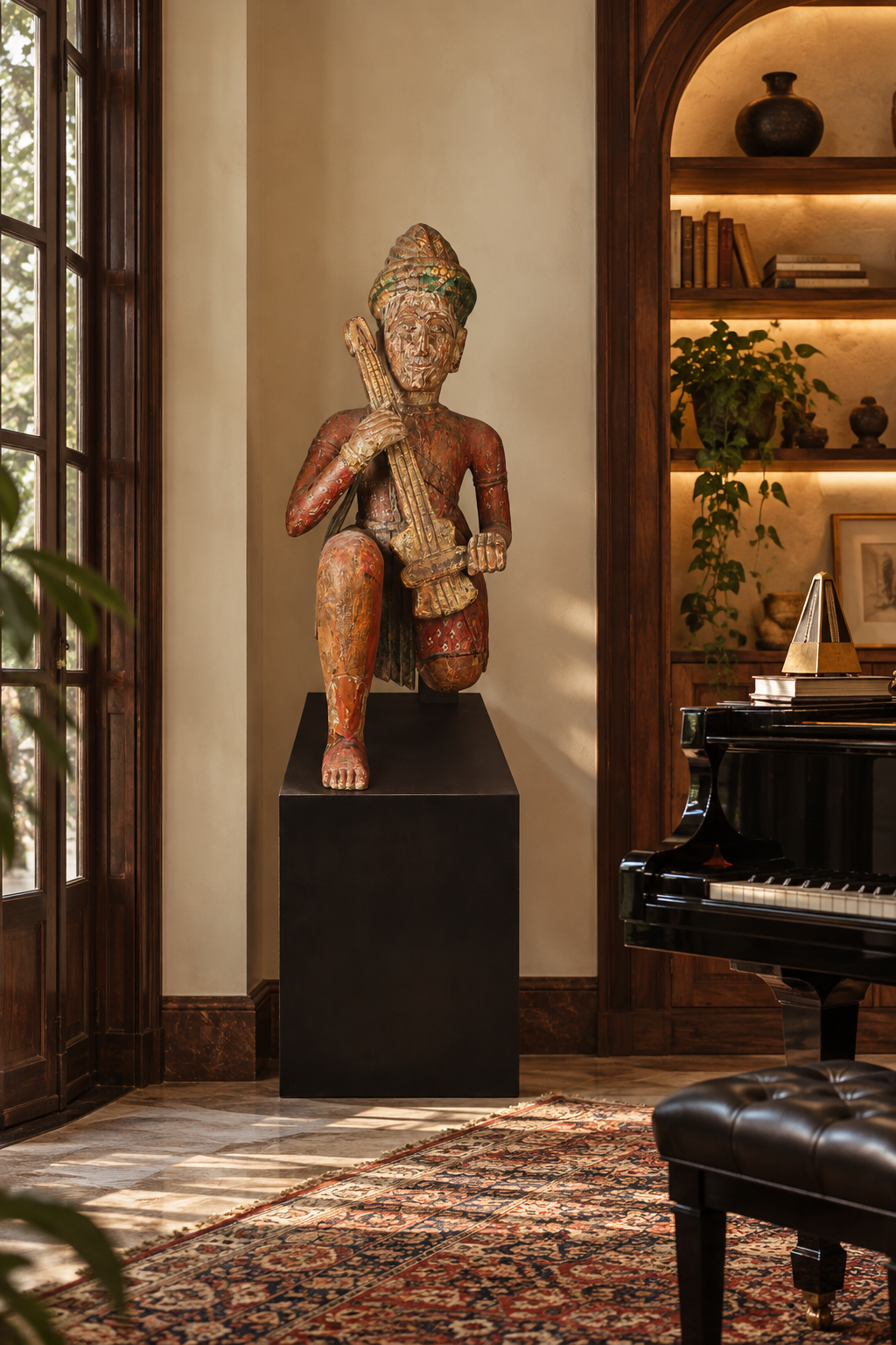 Rajasthani Wooden Musician Figurine on Black Base