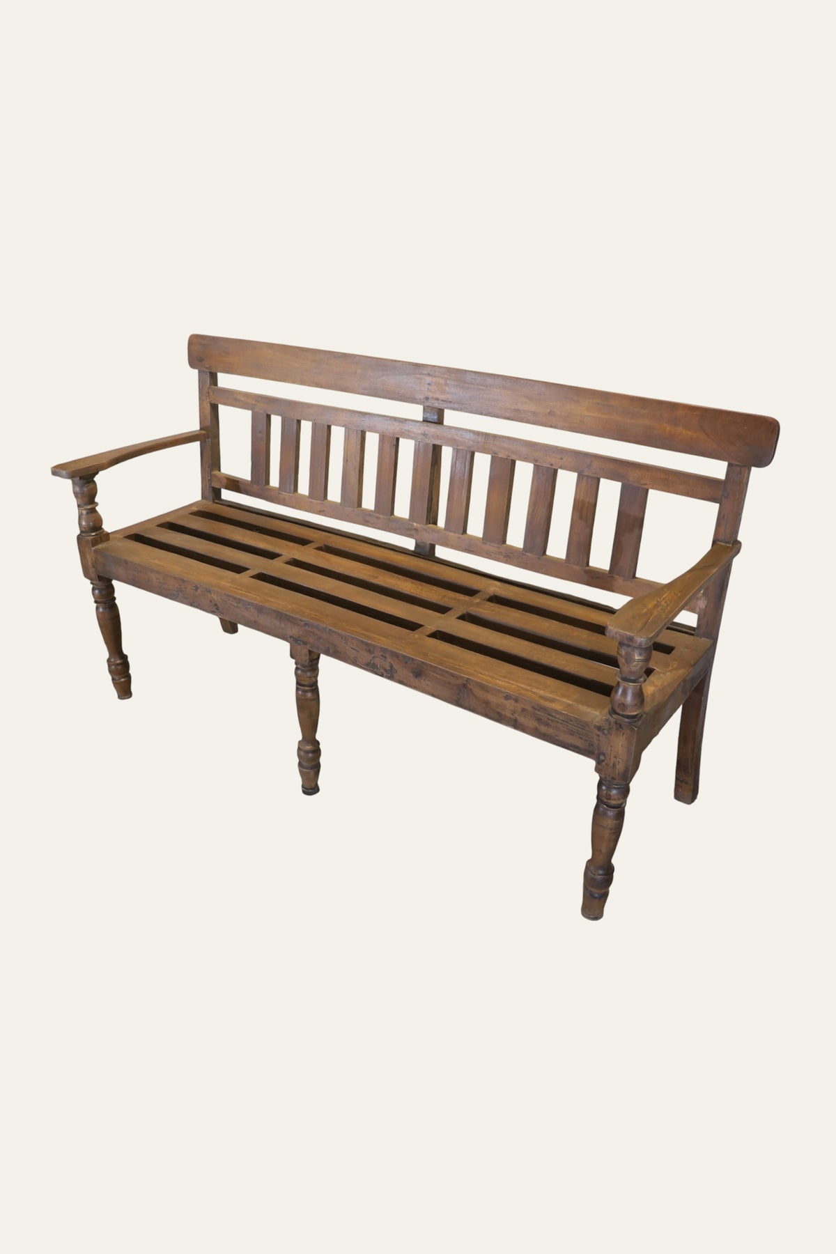 Slatted Back Carved Bench with Wood Frame