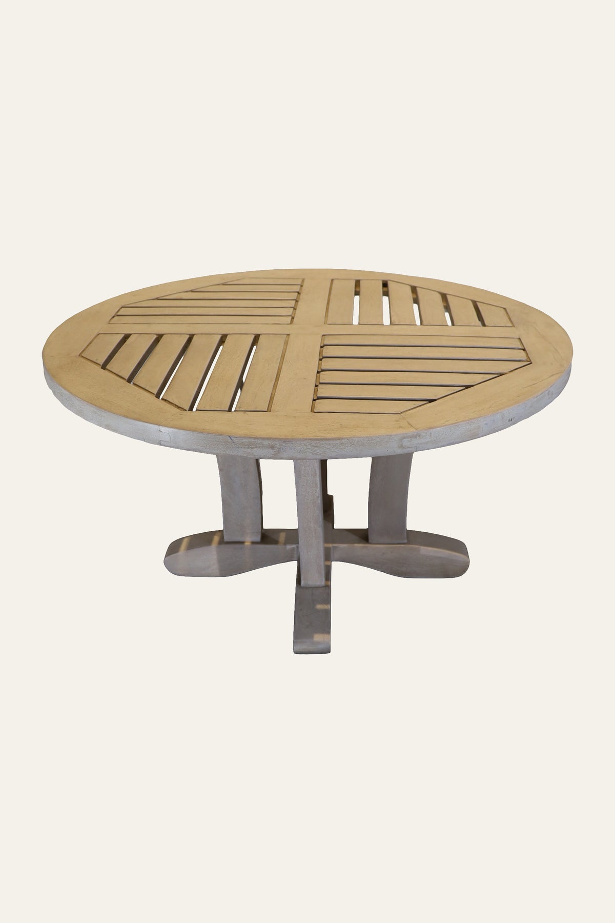 Round Slatted Wood Coffee Table with Sculpted Base