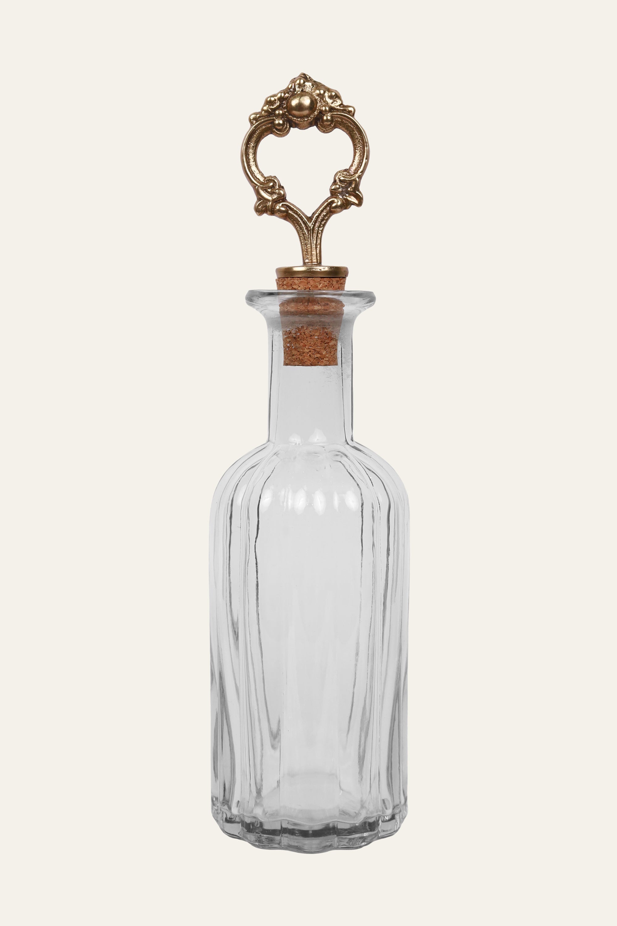 Ribbed Glass Bottle Container with Antique Brass Stopper