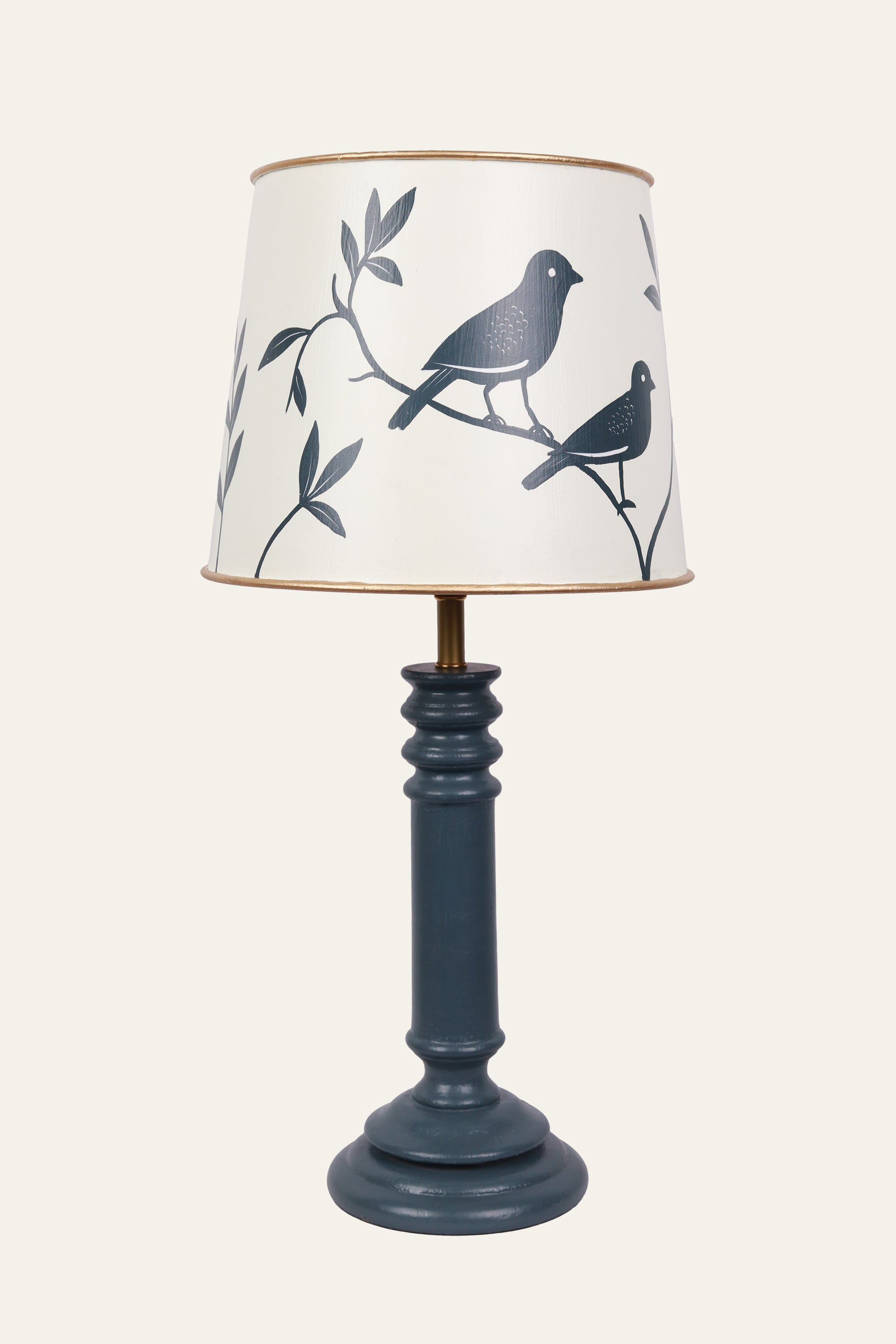 Hand Painted Bird Motif Metal Lamp with Wooden Base for Bedroom & Living Room