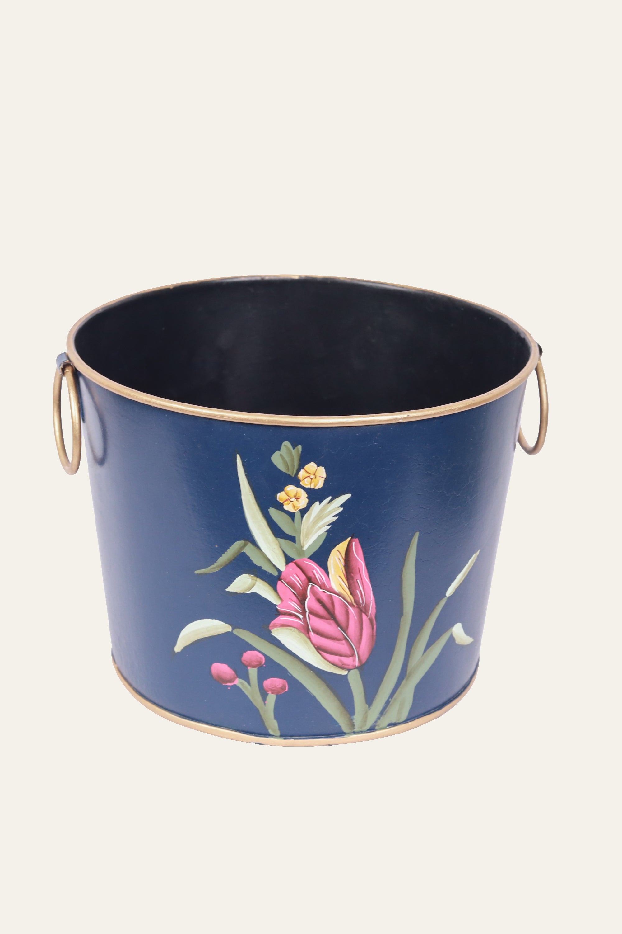 Blue Floral Hand Painted Metal Waste Bin with Handles