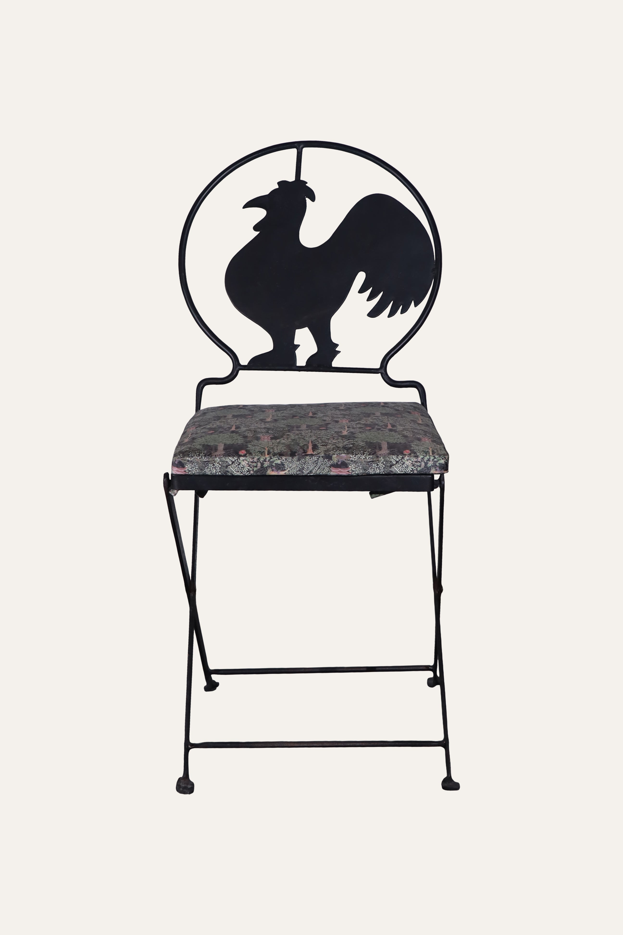 Black Rooster Motif Metal Dining Chair with Cushioned Seat