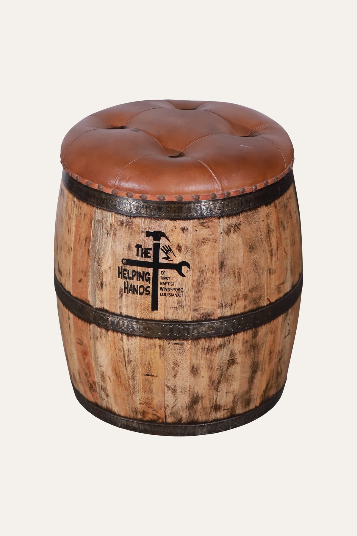 Tufted Leather Barrel Stool with Metal Bands