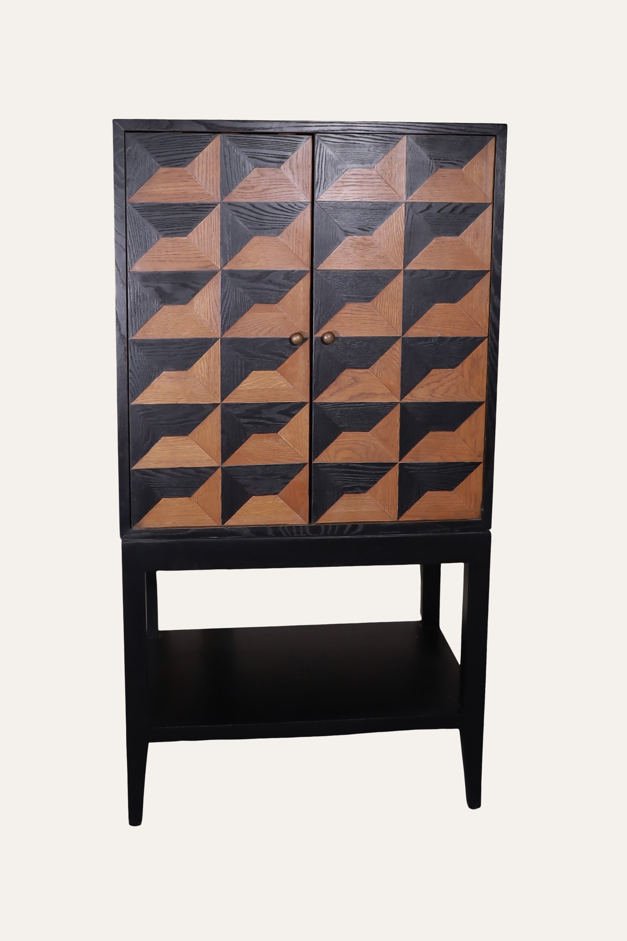 Geometric Wooden Accent Cabinet with Two-Door Storage & Lower Shelf